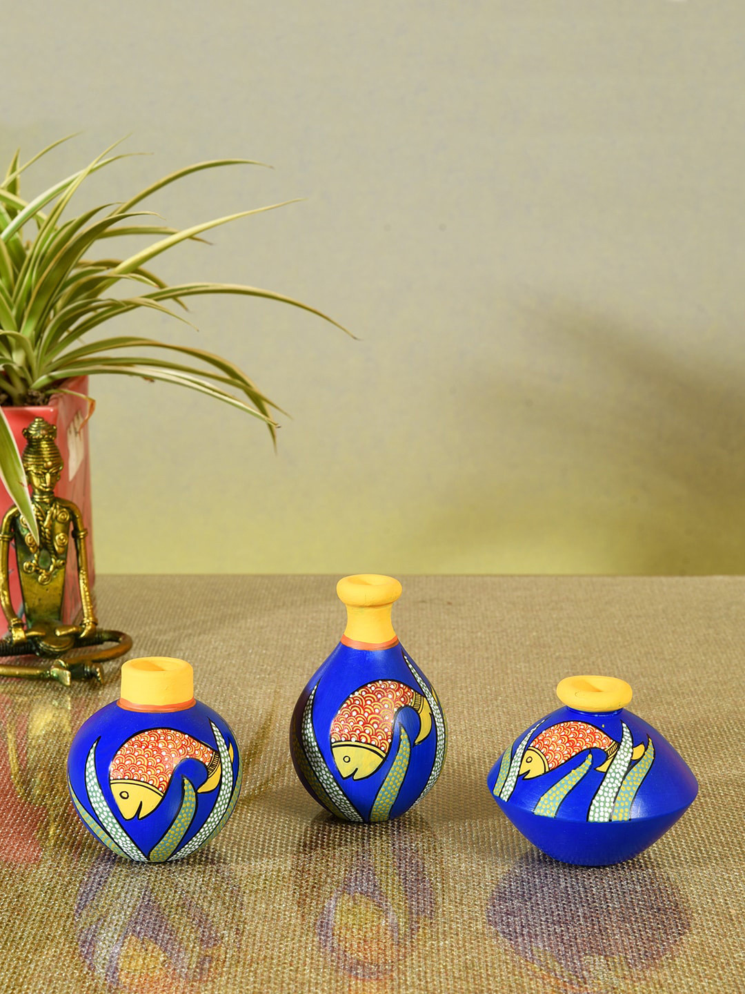 AAKRITI ART CREATIONS Set Of 3 Blue & Yellow Printed Terracotta Vases