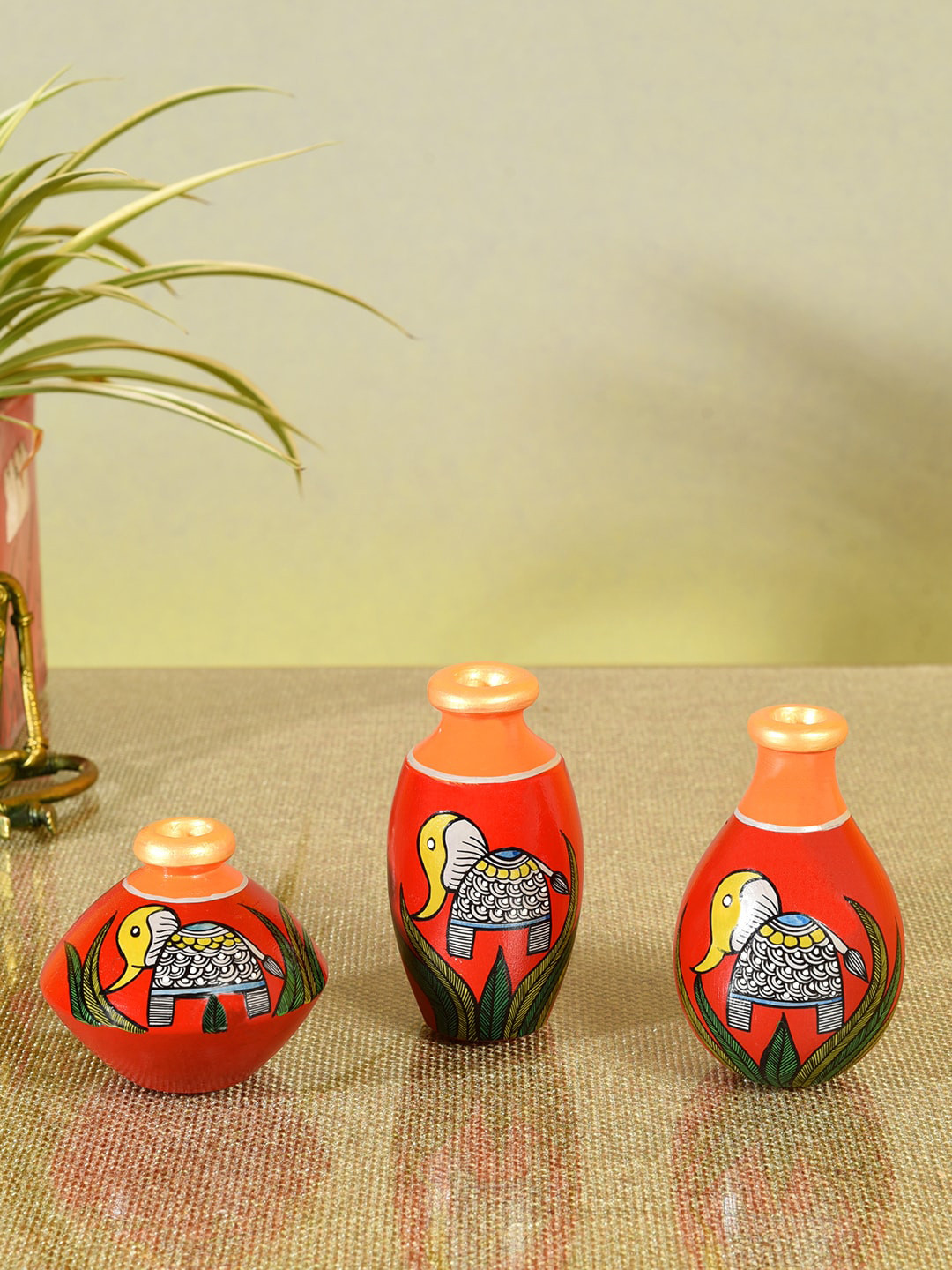 AAKRITI ART CREATIONS Set Of 3 Red Joyful Elephants Terracotta Vase