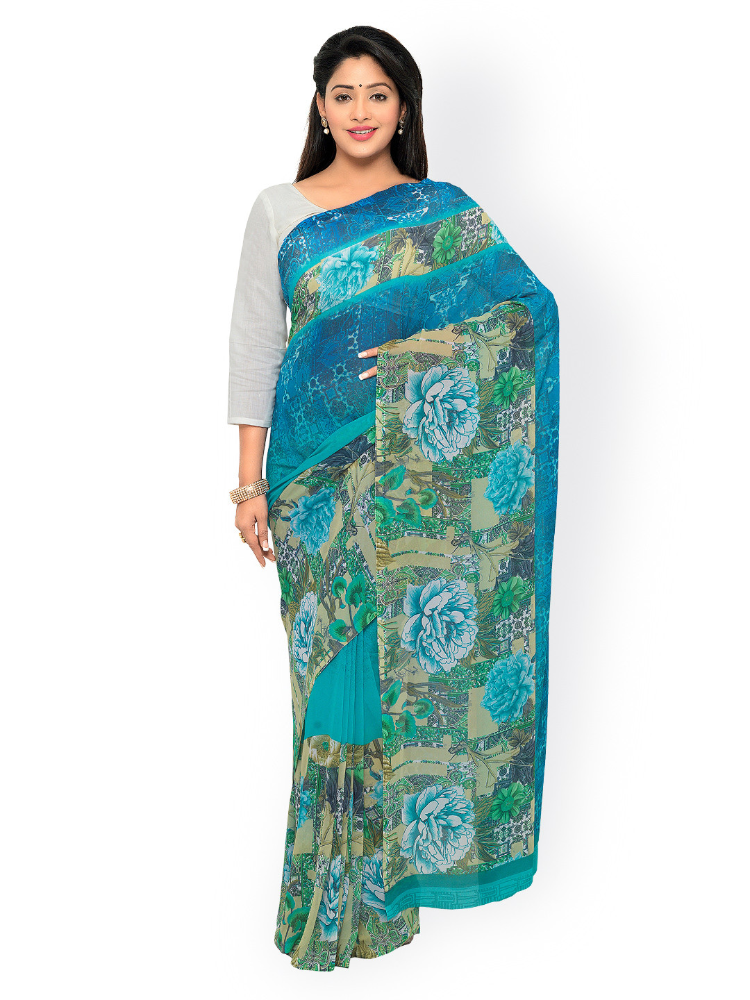 Kvsfab Blue Georgette Floral Print Saree