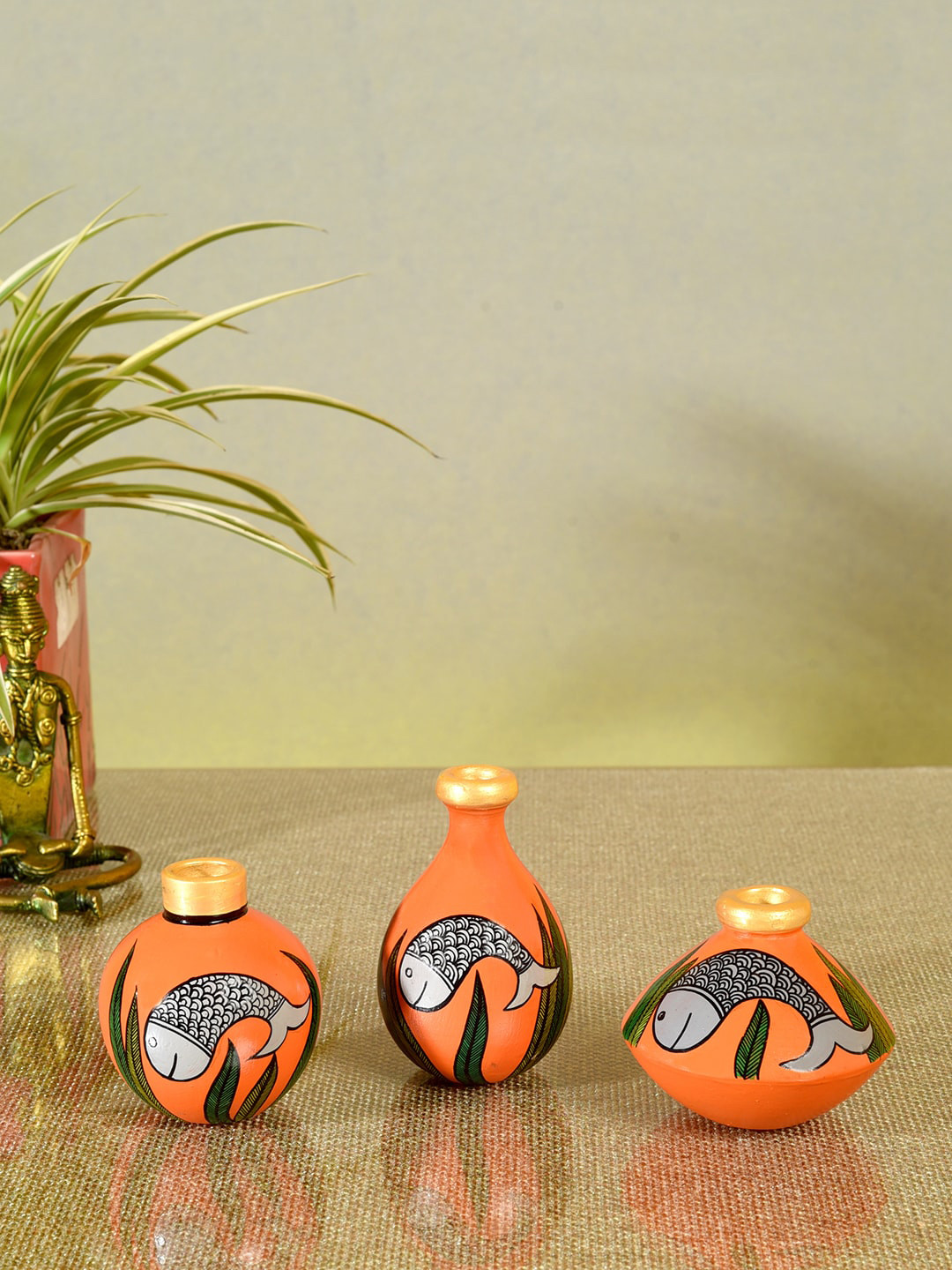 AAKRITI ART CREATIONS Set Of 3 Orange Fishy Terracotta Vases