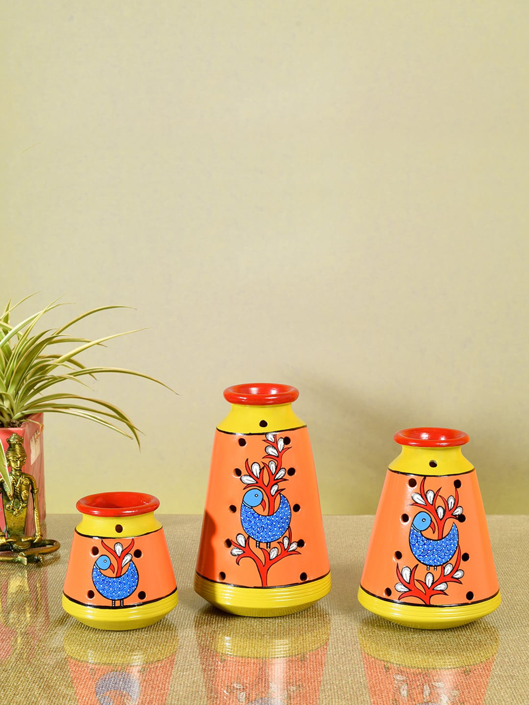 AAKRITI ART CREATIONS Set of 3 Multi-Colored Peacock Terracotta Vase
