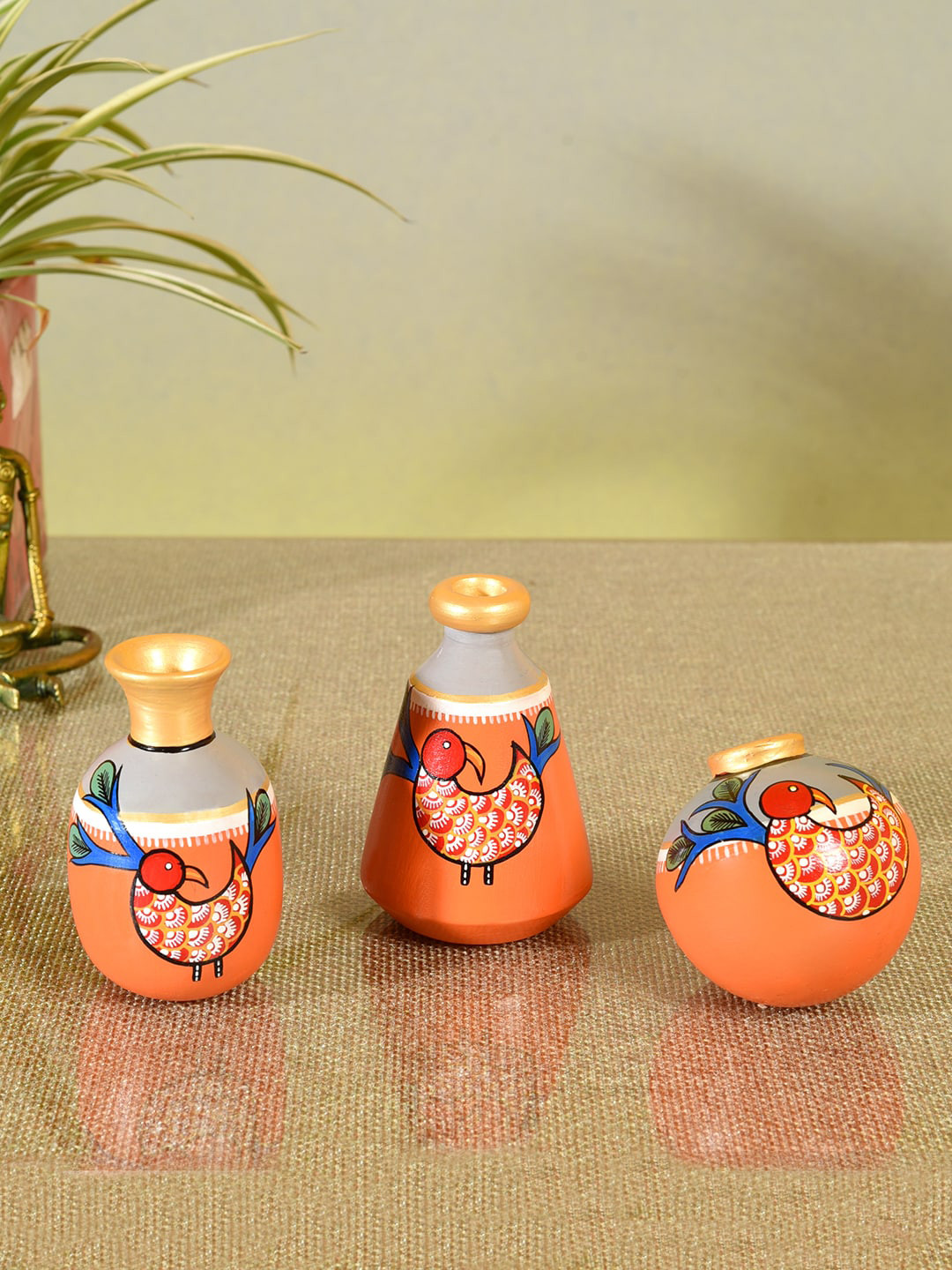 AAKRITI ART CREATIONS Set Of 3 Orange Peacock's Pride Terracotta Vase