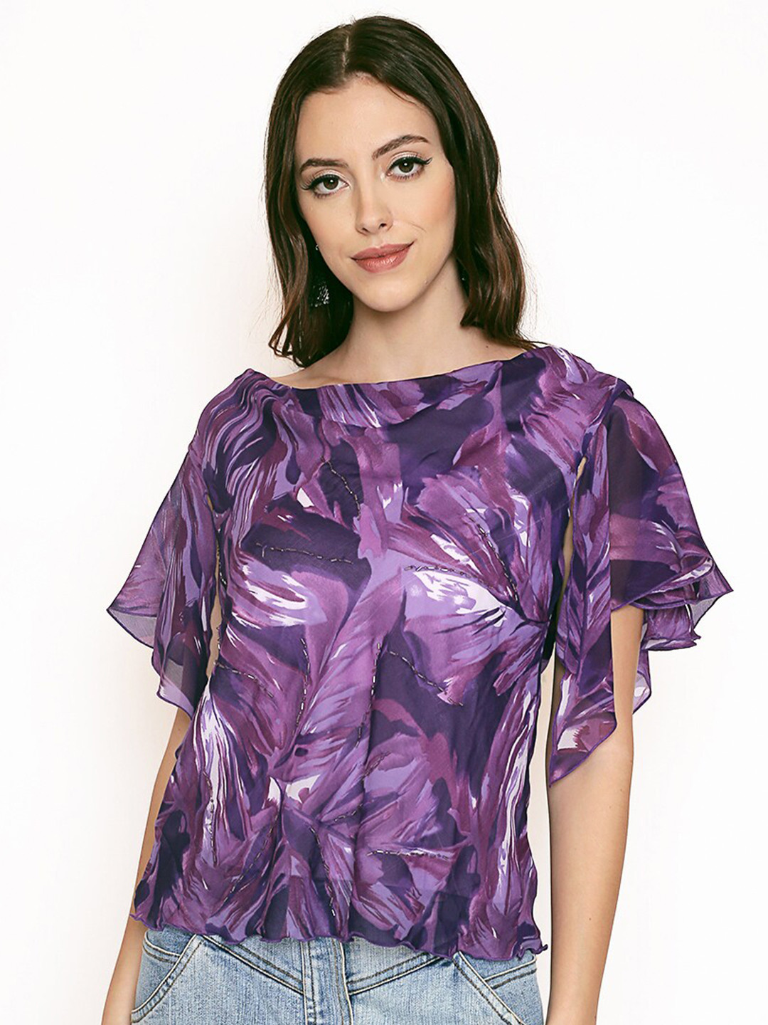 250 DESIGNS Women Purple Tropical Print Georgette Top