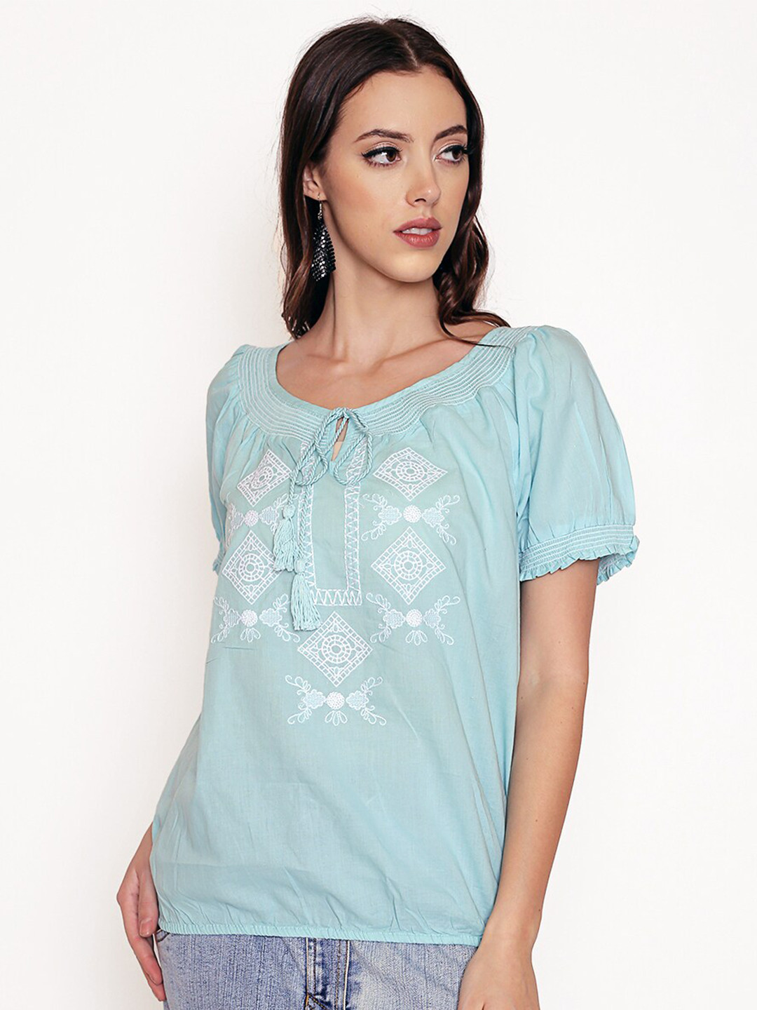 250 DESIGNS Blue & White Embroidered Pure Cotton Top
