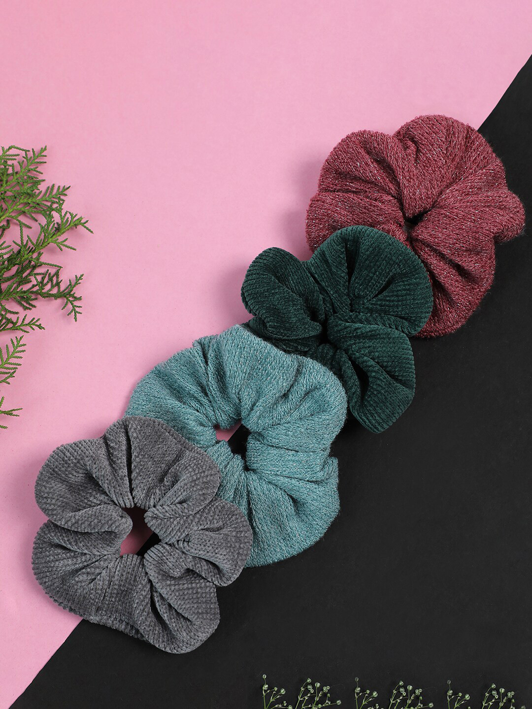 SOHI Women Blue & Green Ponytail Scrunchies Pack of 4