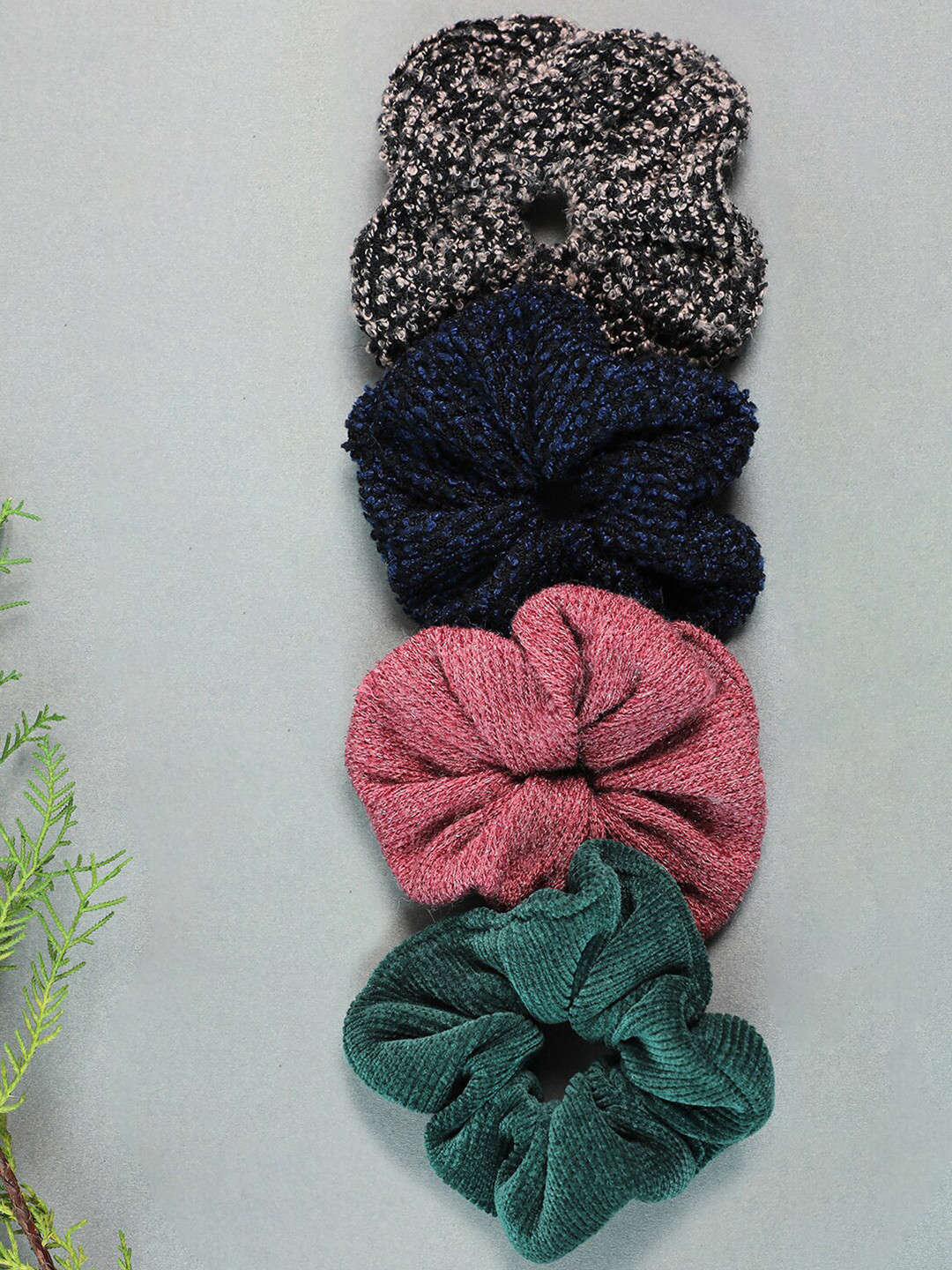 SOHI Women Black & Green Ponytail Scrunchies Set of 4