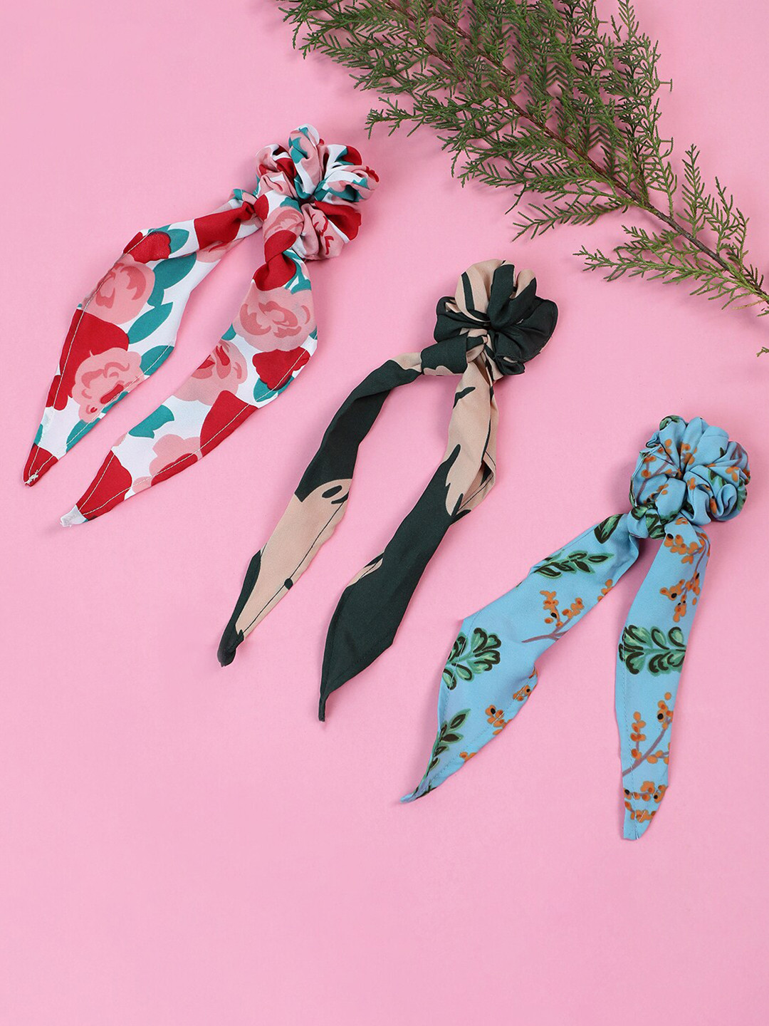 SOHI Women Blue & Black Set of 3 Spiral Scarf Scrunchies Ponytail Holders