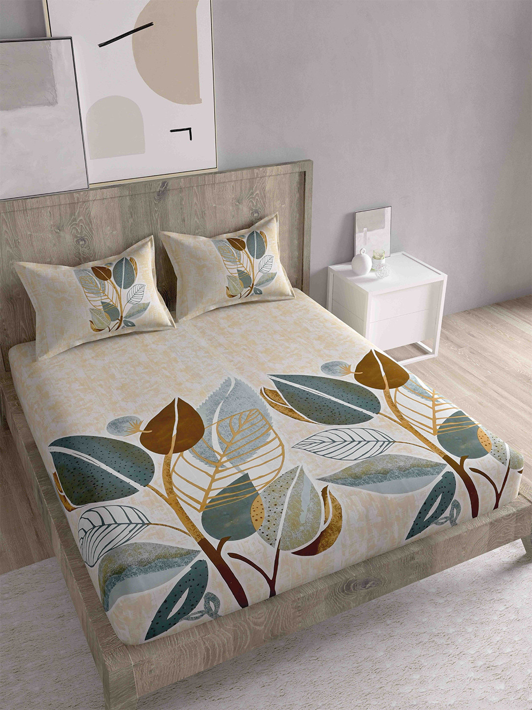 Spangle Beige & Yellow Floral 260 TC Cotton King Bedsheet with 2 Pillow Covers