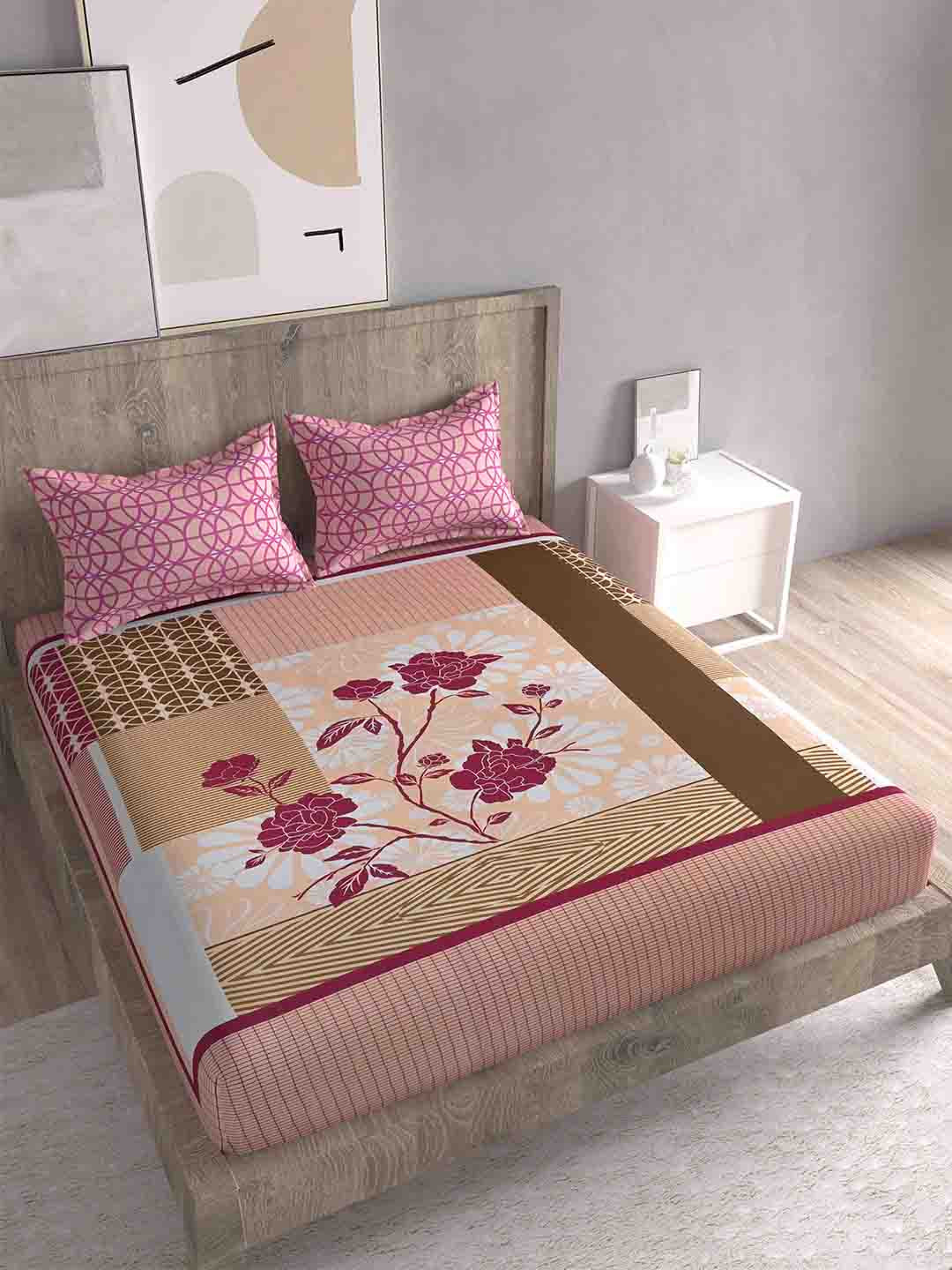 Spangle Pink Floral Cotton 260 TC King Superfine Bedsheet with 2 Pillow Covers-106 x 106 inches