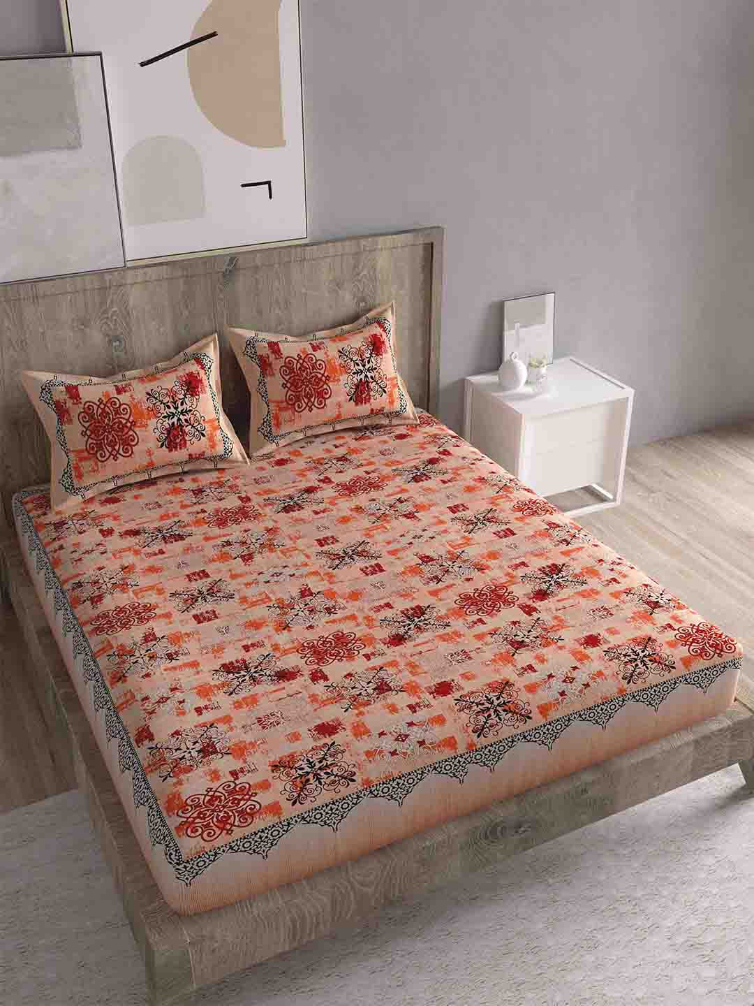 Spangle Jaipuri Orange Ethnic Motifs Cotton 260 TC King Fine Bedsheet with 2 Pillow Covers-106 x 106 inches
