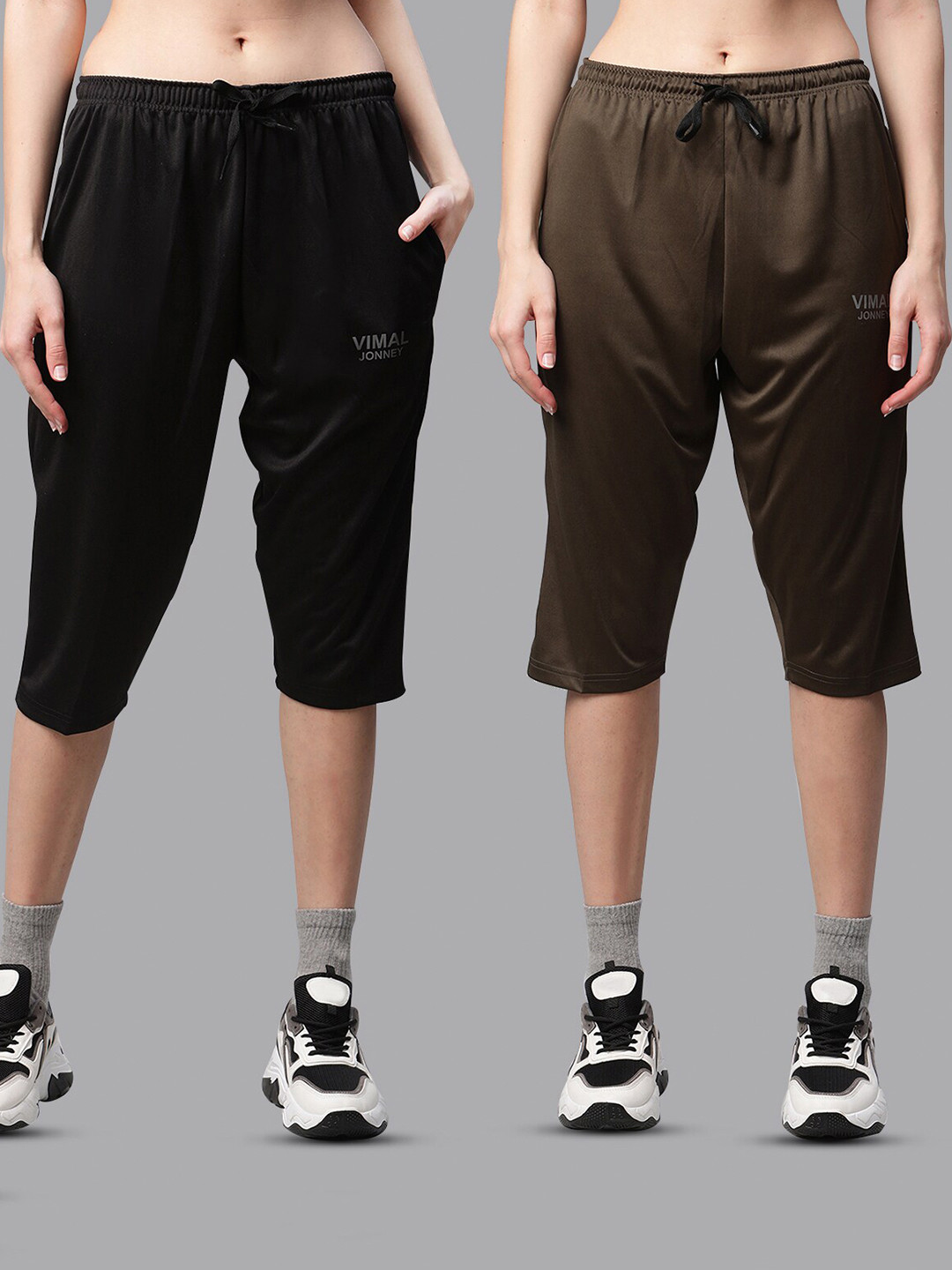 MACK JONNEY JONNEY Women Set of 2 Black & Olive Green Capris