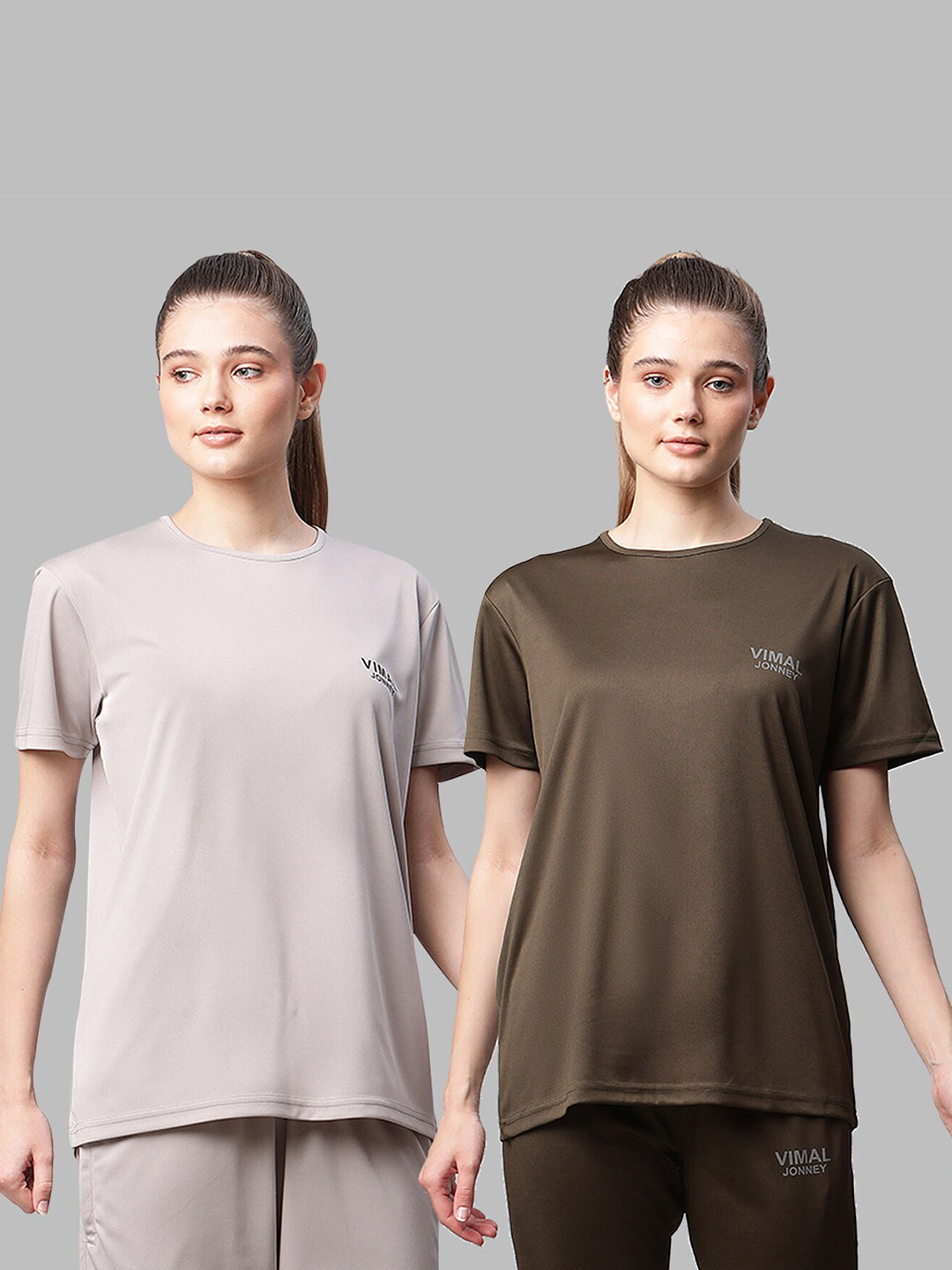 MACK JONNEY JONNEY Women Pack of 2 Grey Melange & Olive Green T-shirts