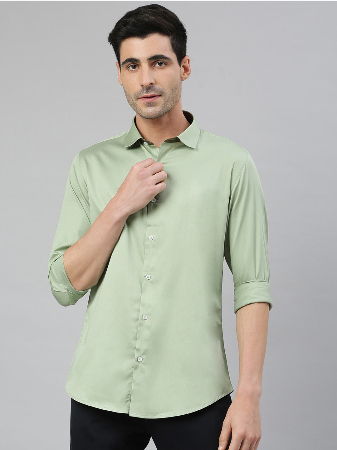 MR BUTTON Men Green Smart Slim Fit Cotton Casual Shirt