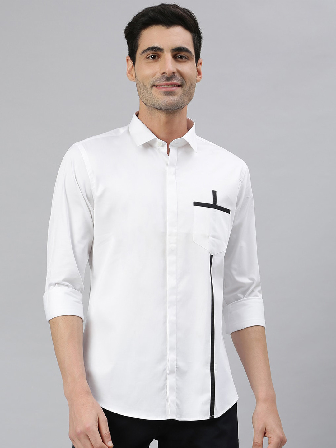MR BUTTON Men White & Black Smart Slim Fit Casual Shirt