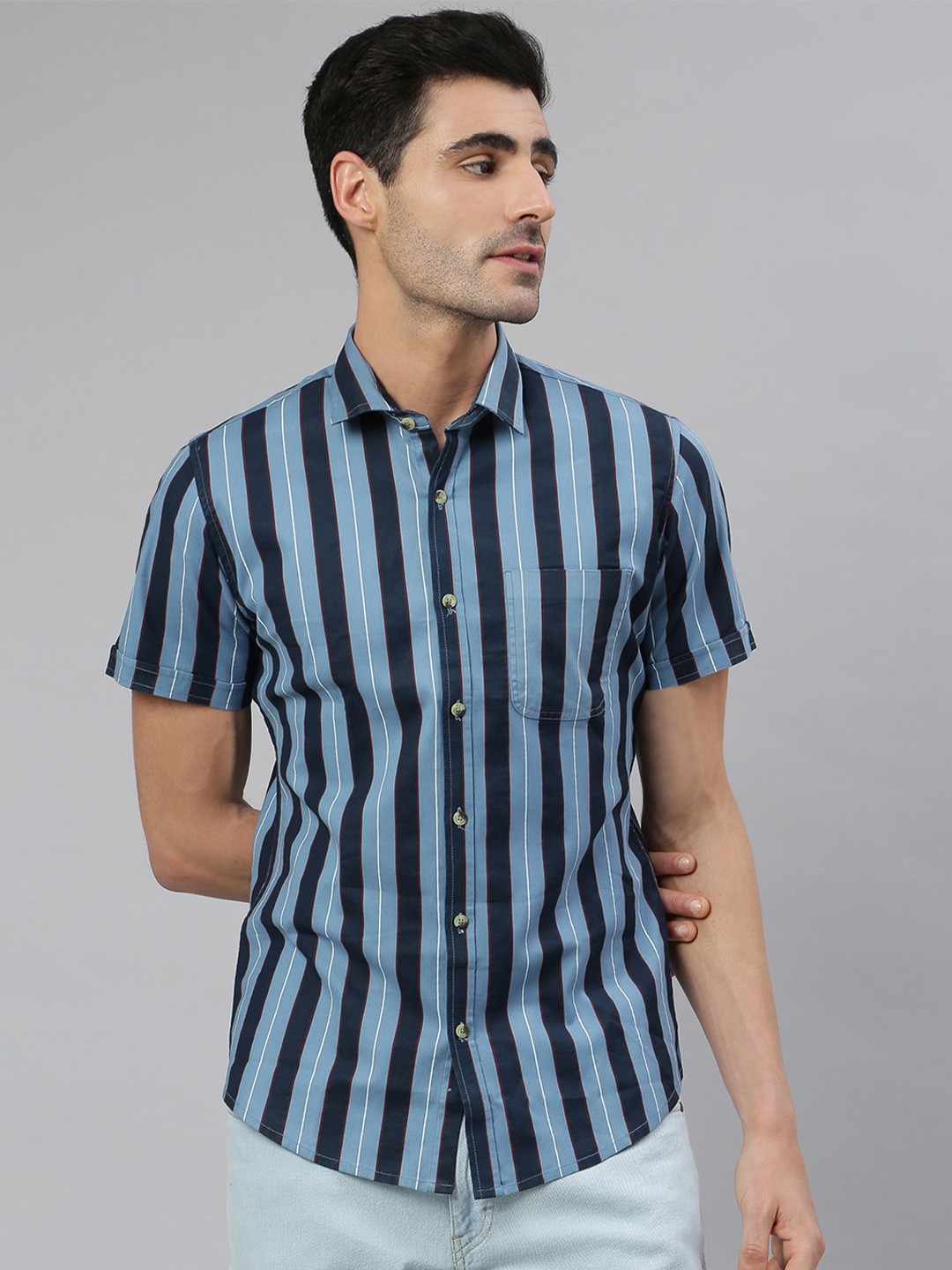 MR BUTTON Men Blue & Black Slim Fit Striped Casual Shirt