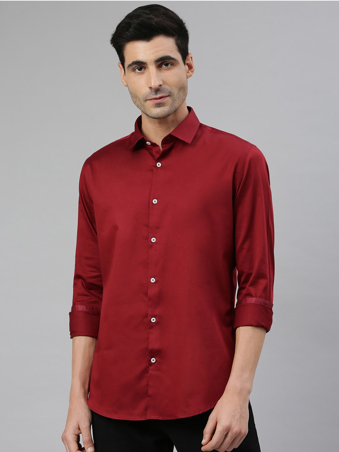 MR BUTTON Men Red Smart Slim Fit Cotton Casual Shirt