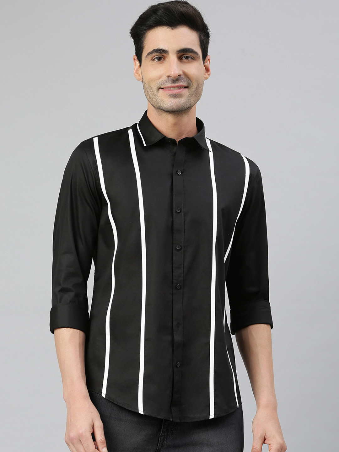 MR BUTTON Men Black Smart Slim Fit Striped Cotton Casual Shirt