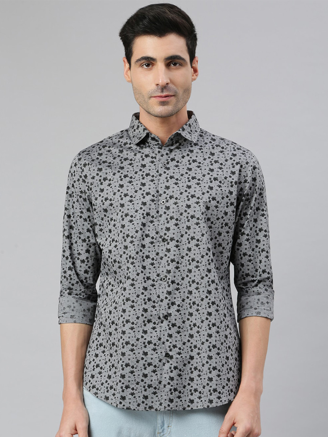 MR BUTTON Men Grey Smart Slim Fit Floral Printed Casual Shirt