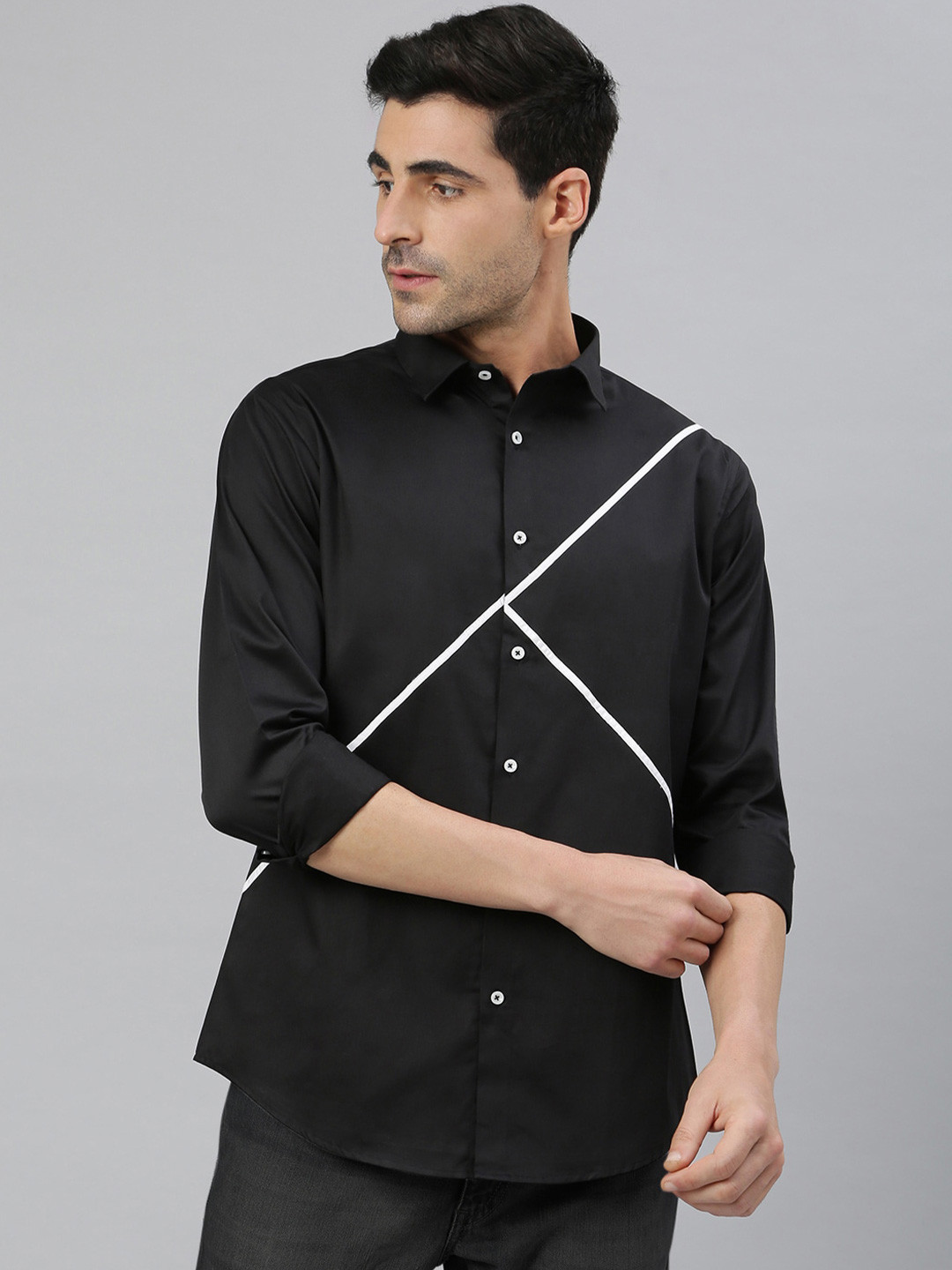 MR BUTTON Men Black Smart Slim Fit Printed Casual Shirt