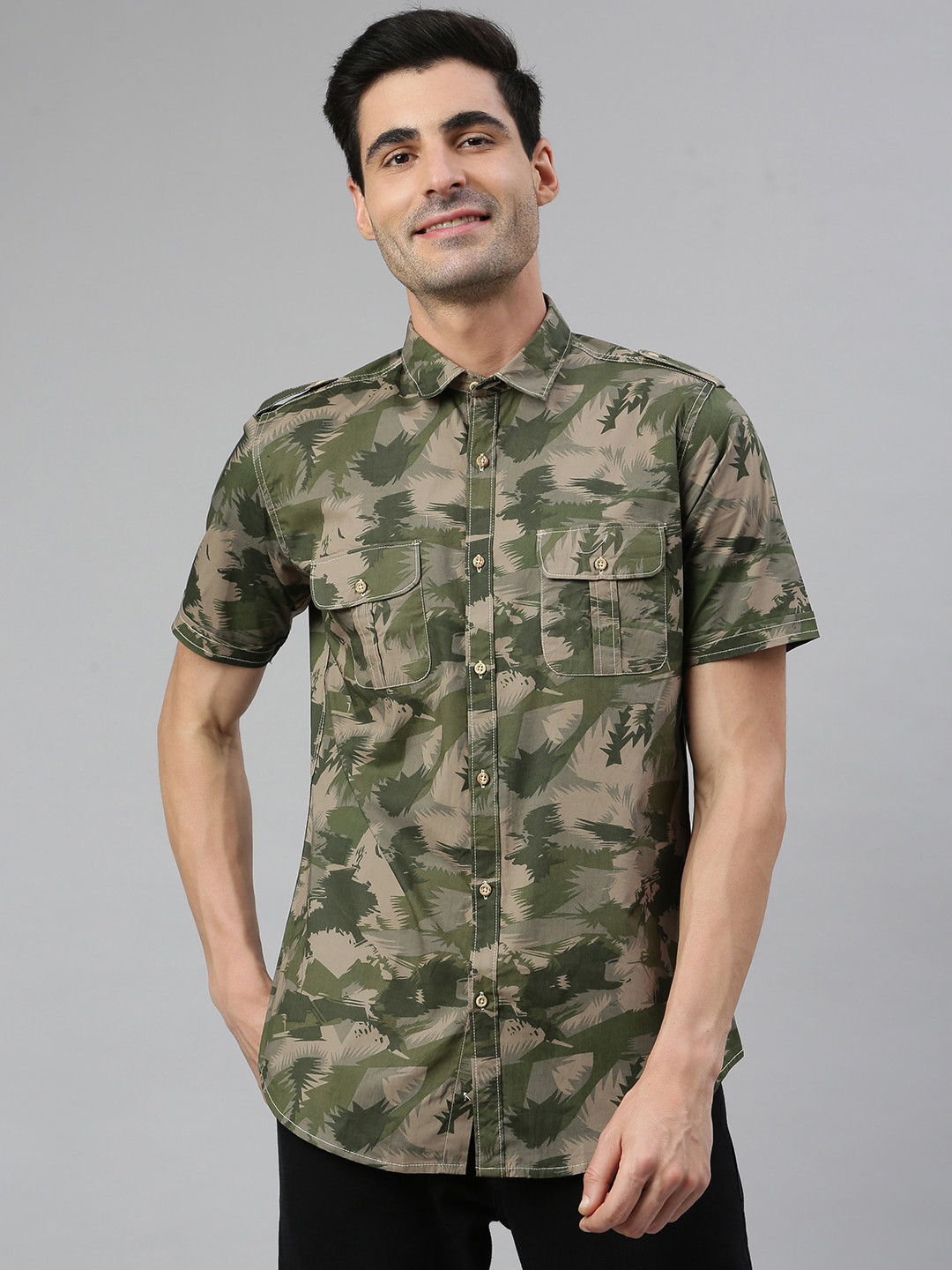 MR BUTTON Men Green Smart Slim Fit Printed Casual Shirt