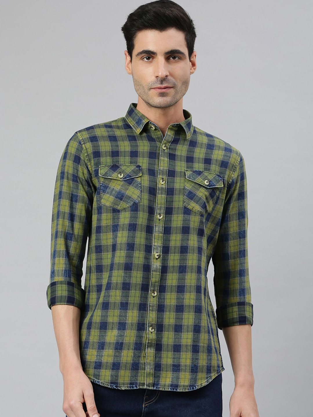 MR BUTTON Men Green & Blue Smart Slim Fit Checked Cotton Casual Shirt