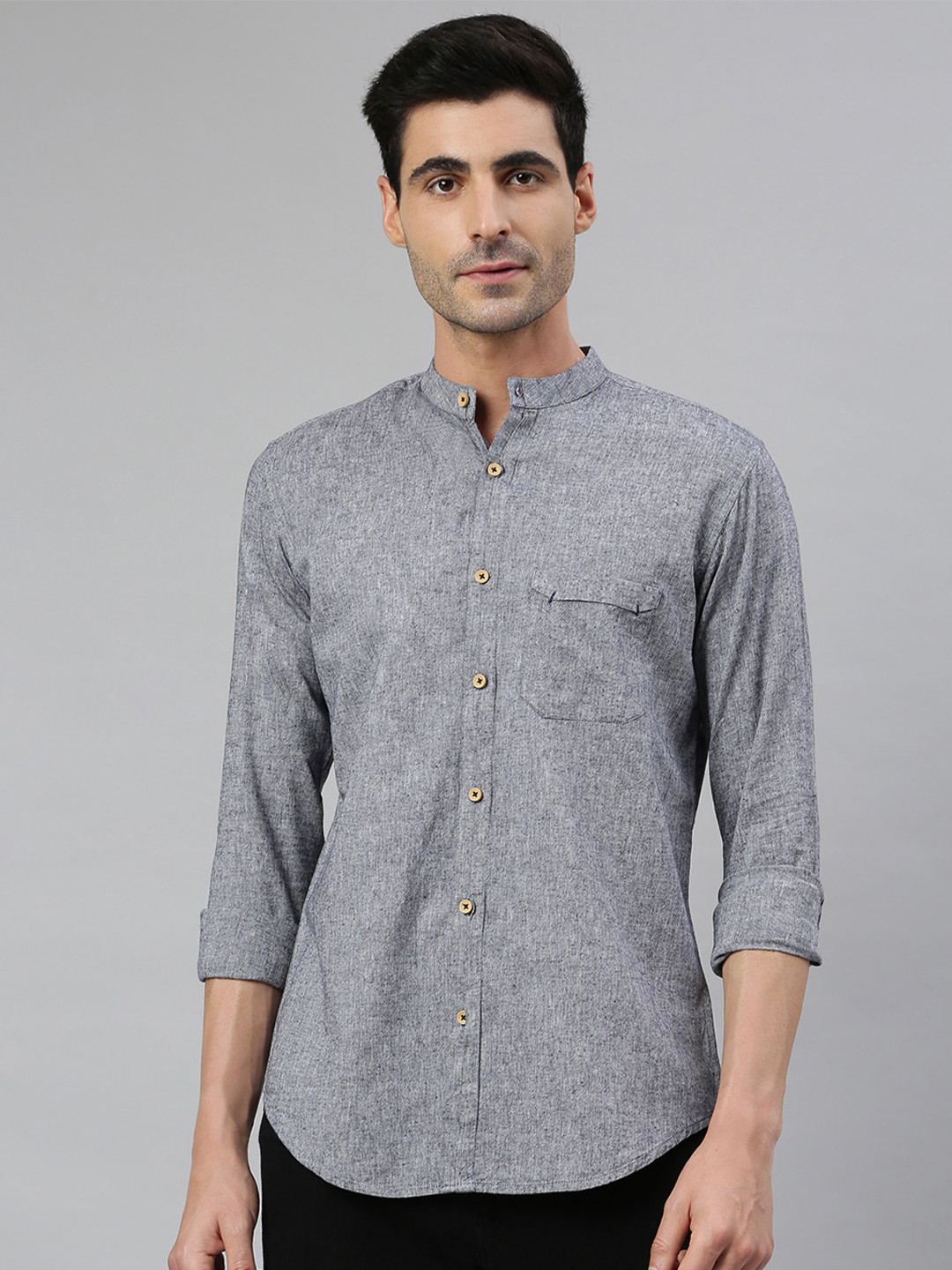 MR BUTTON Men Grey Smart Slim Fit Casual Shirt