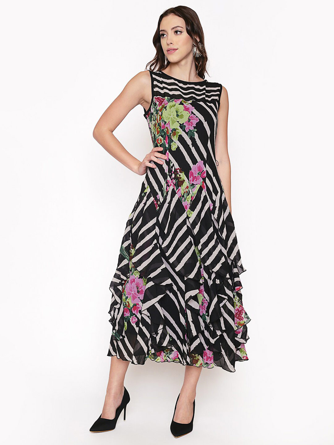 250 DESIGNS Black & Off White Striped Georgette A-Line Midi Dress