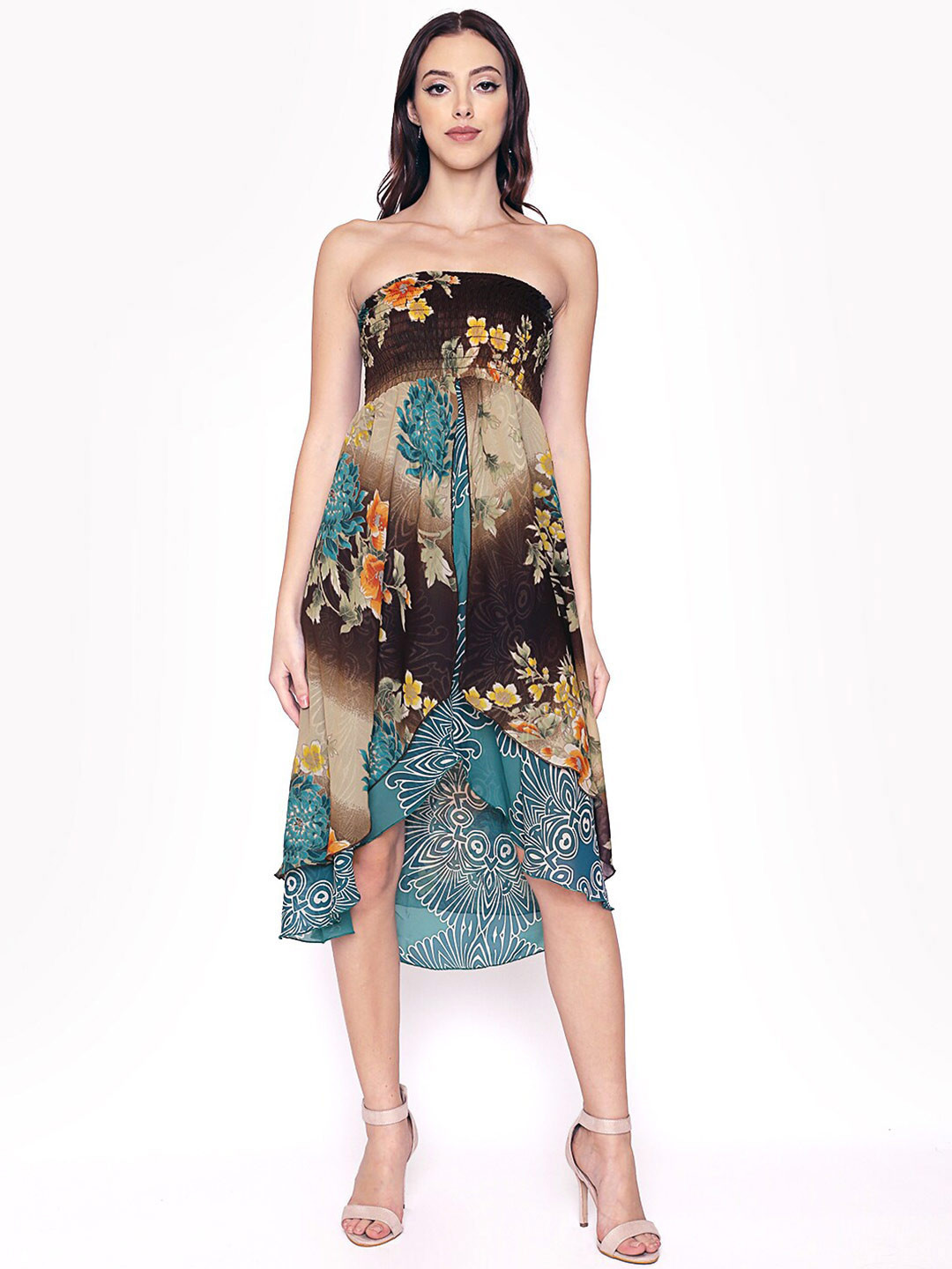 250 DESIGNS Brown & Blue Floral Printed Smocked Tulip Fit & Flare Dress