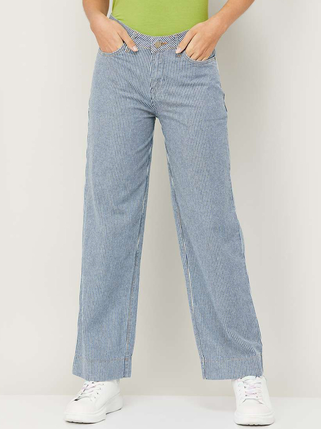 Xpose Women Blue Striped Comfort Wide Leg High-Rise Jeans