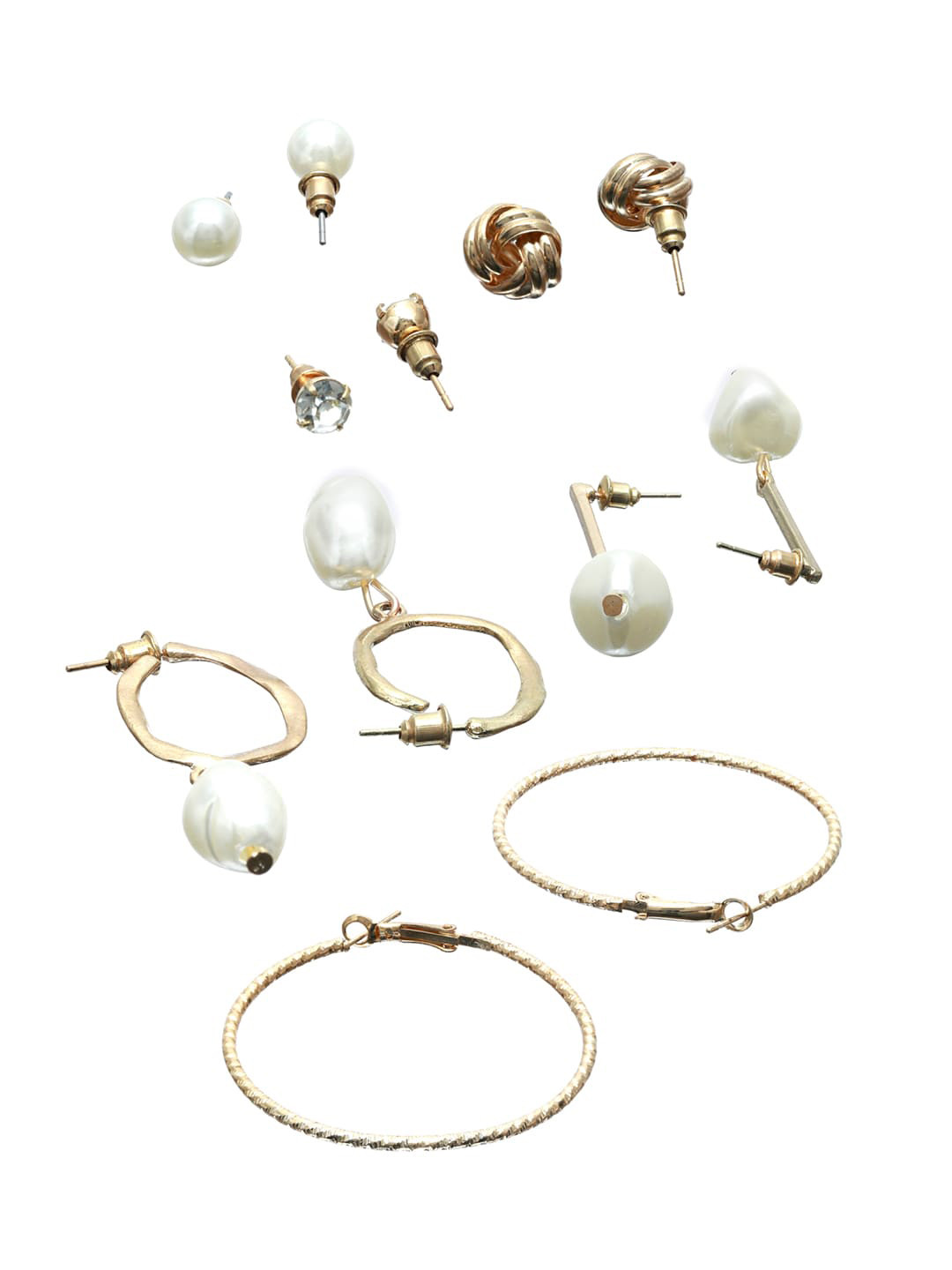 Priyaasi Set of 6 Rose Gold-Plated White Pearl Beaded & Stone Studded Earrings