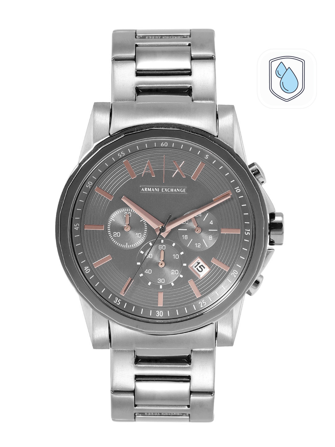 Armani Exchange Men Grey Dial & Gunmetal Toned Stainless Steel Bracelet Style Straps Analogue Watch