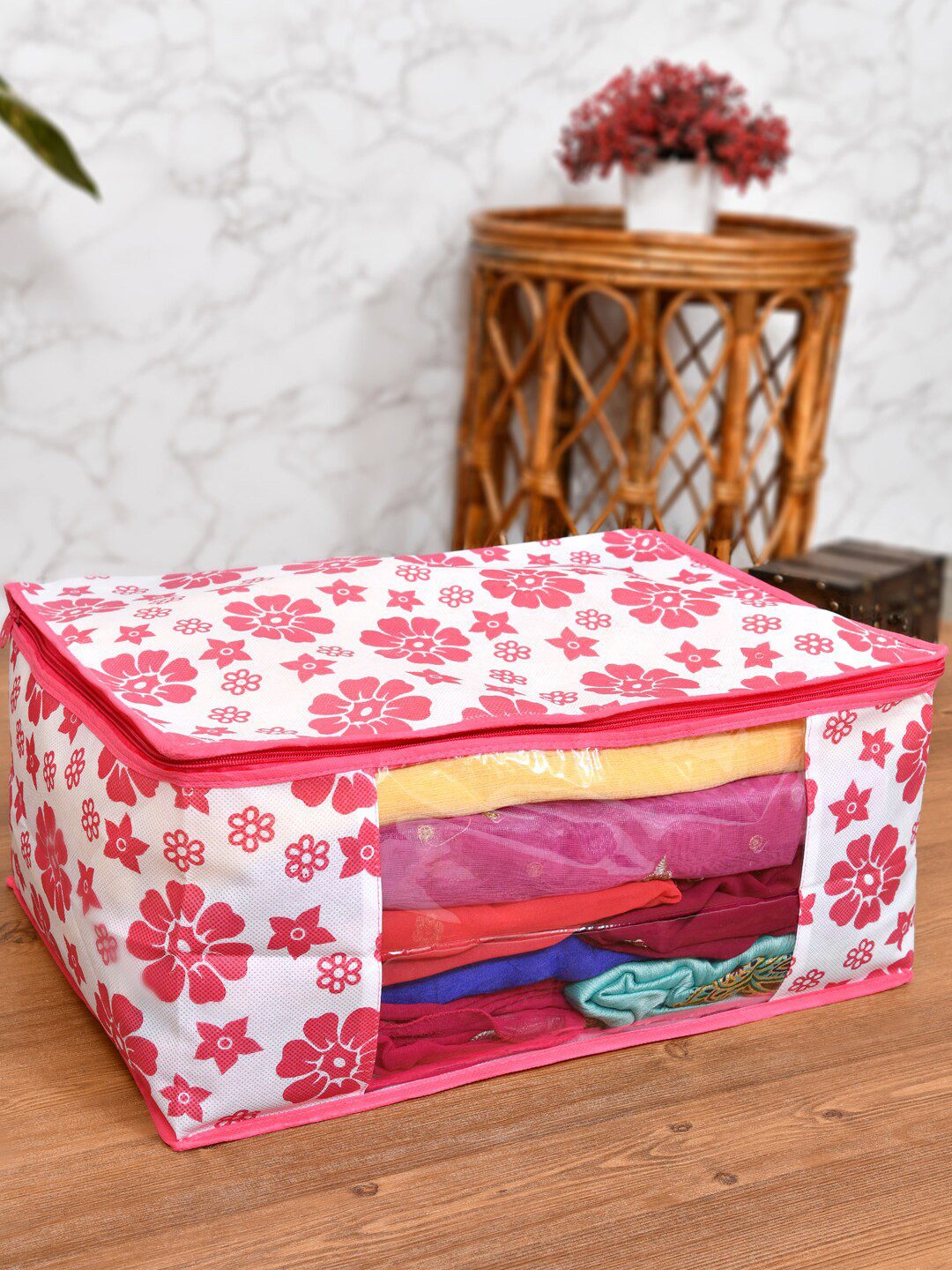 Home Fresh Pink & White Floral Printed Foldable Rectangle Cloth Saree Organiser
