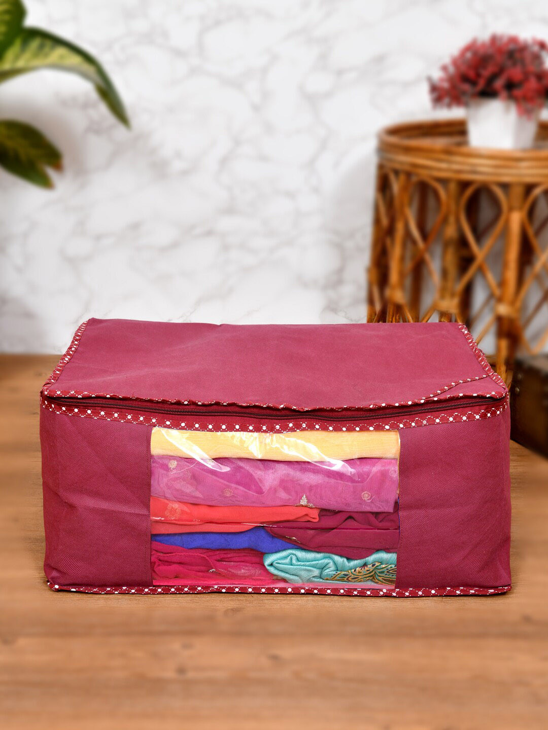 Home Fresh Set of 5 Maroon Solid Foldable Rectangle Cloth Saree Organiser