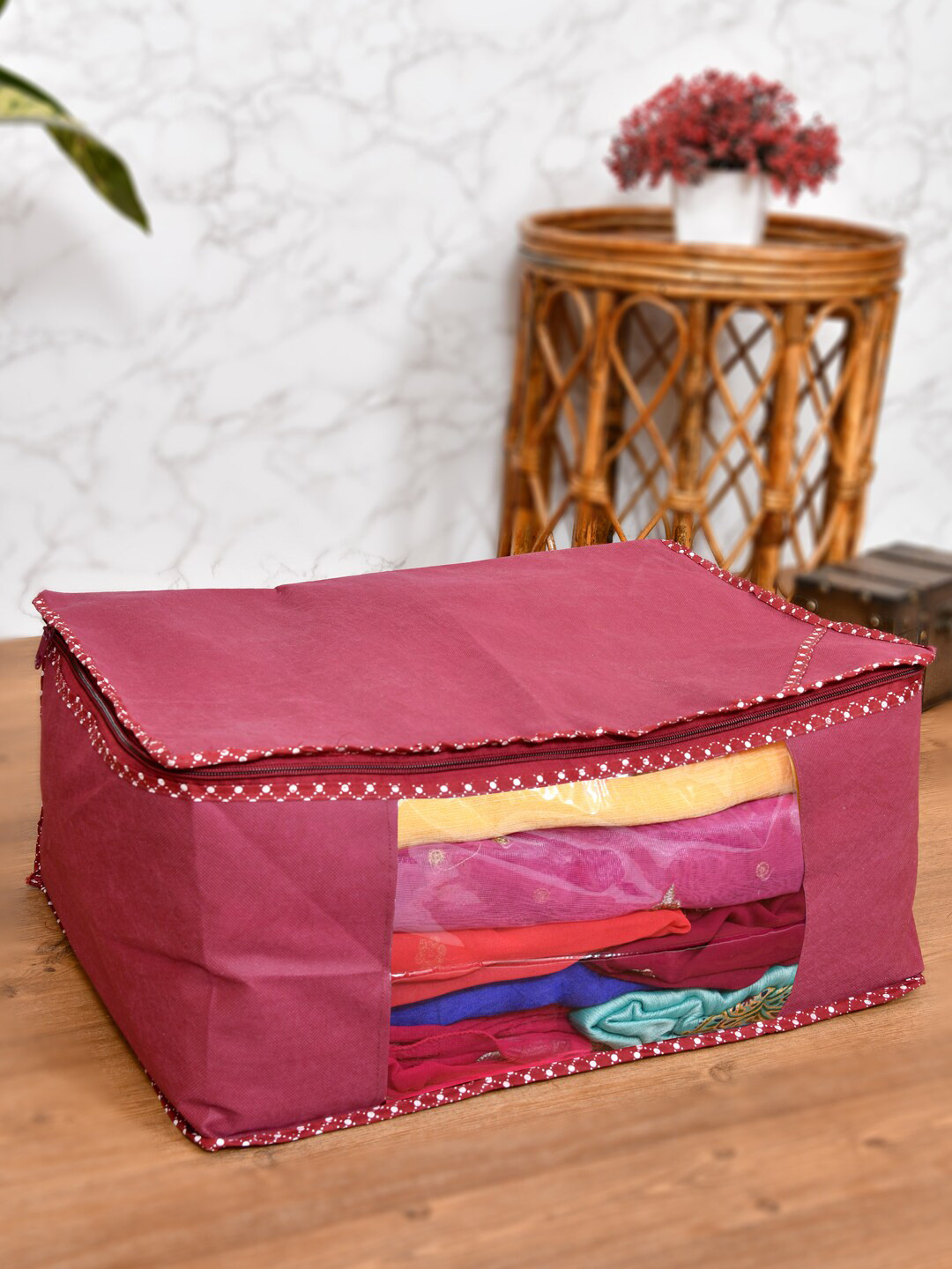 Home Fresh Set of 6 Maroon Solid Foldable Rectangle Cloth Saree Organiser