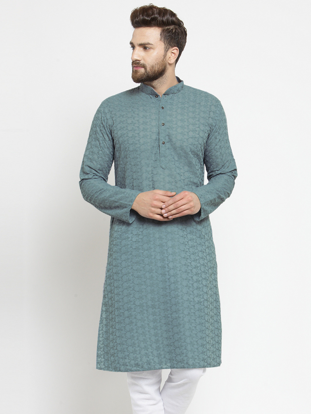 TREEMODA Men Grey Embroidered Floral Kurta