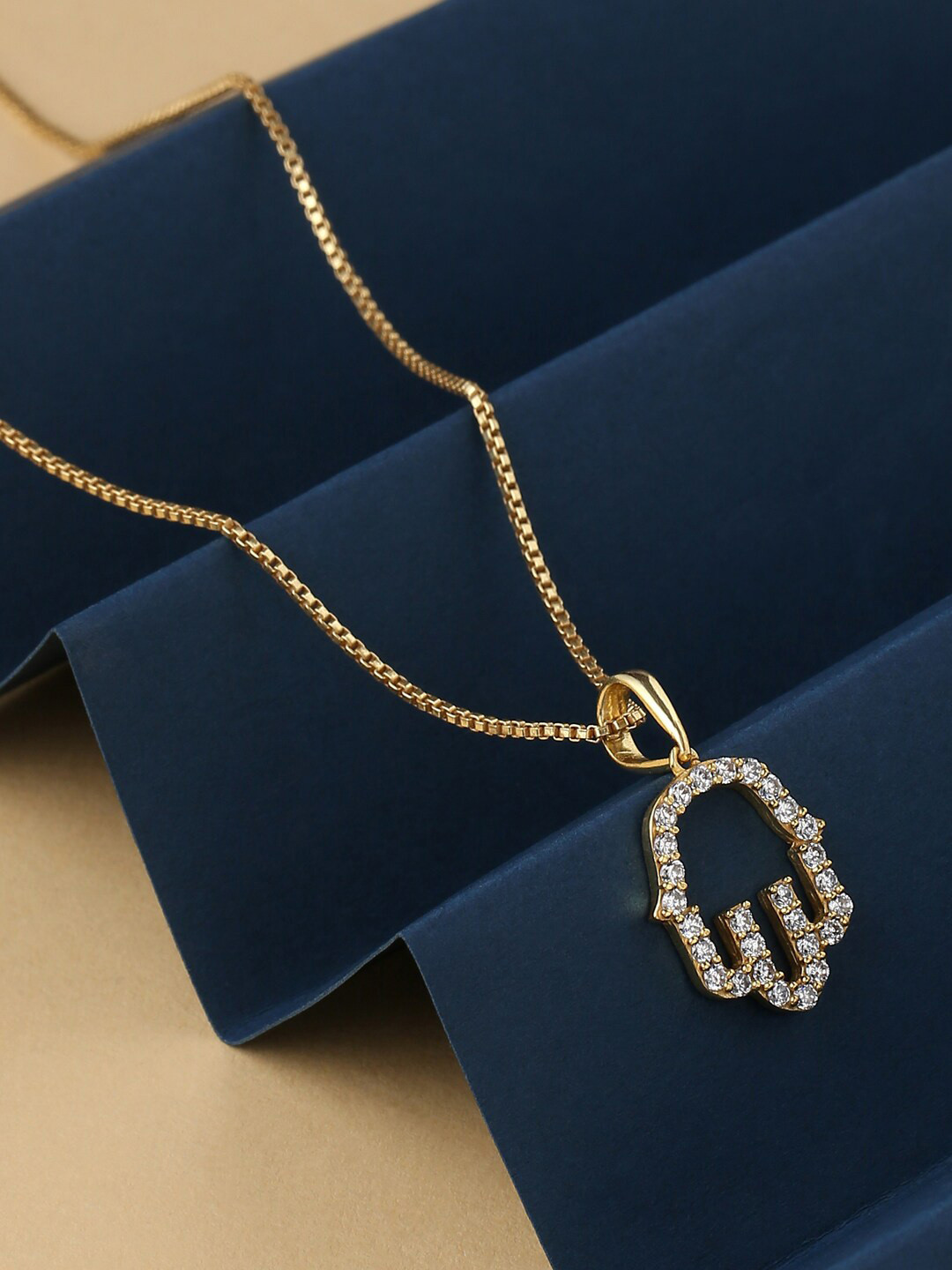 kashwini Gold-Plated & Stone-Studded Hamsa Pendant With Chain