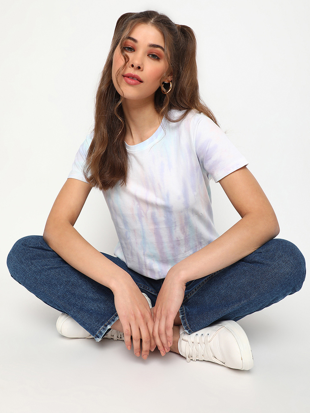 Belliskey Women Blue & Pink Tie and Dye Dyed T-shirt