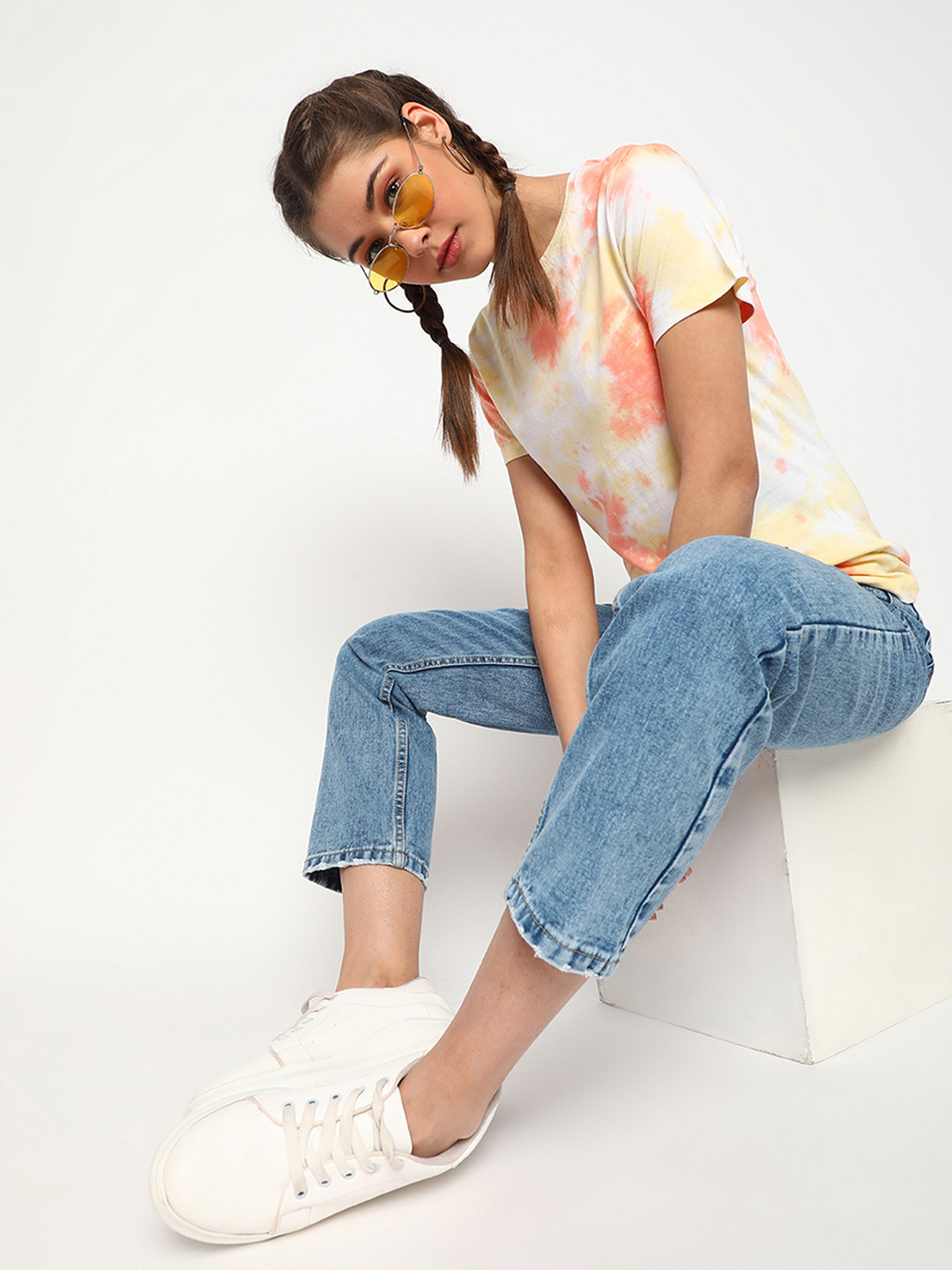 Belliskey Women Yellow & Orange Tie and Dye Dyed T-shirt