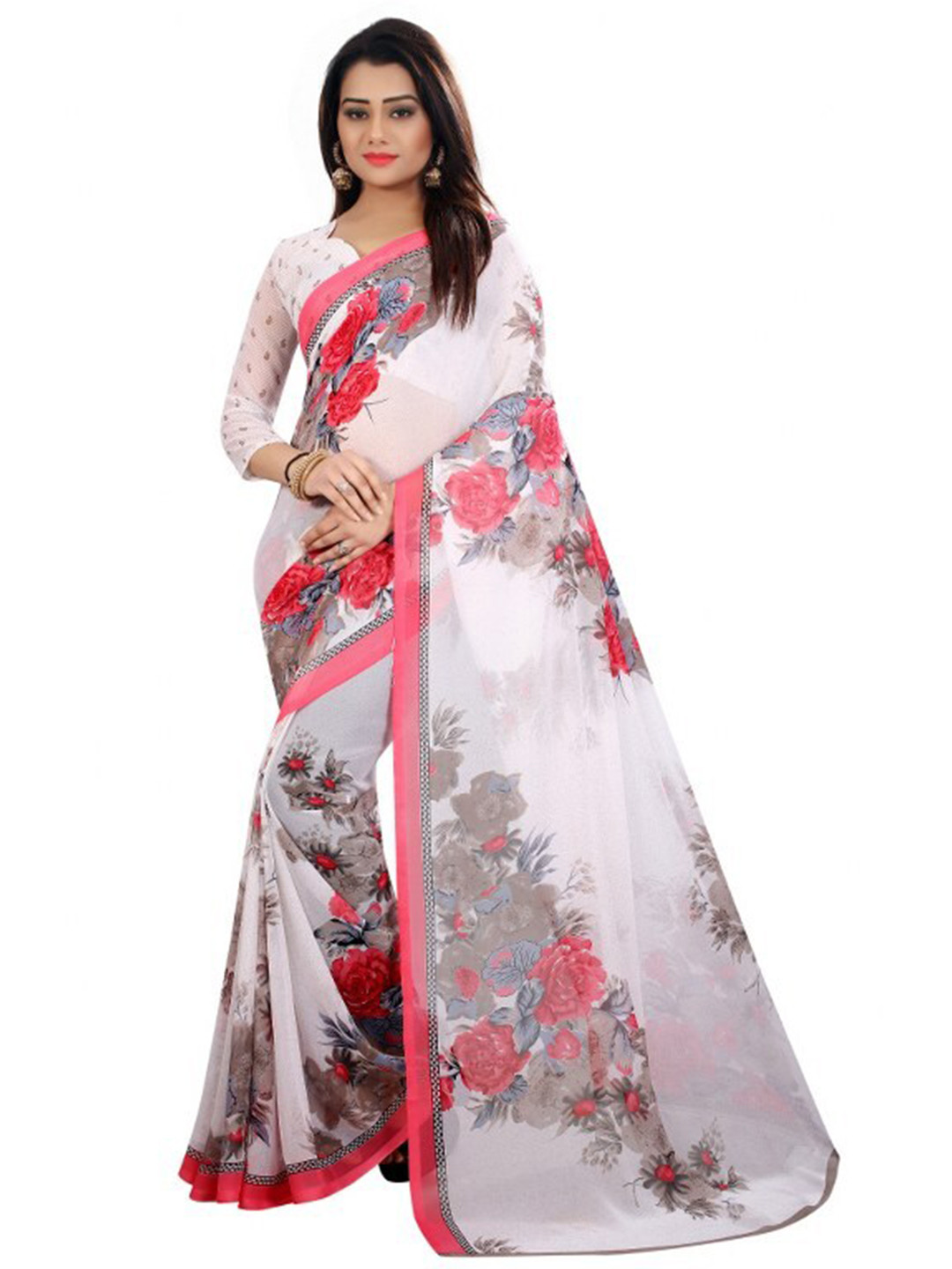 KALINI White & Peach-Coloured Floral Pure Georgette Saree