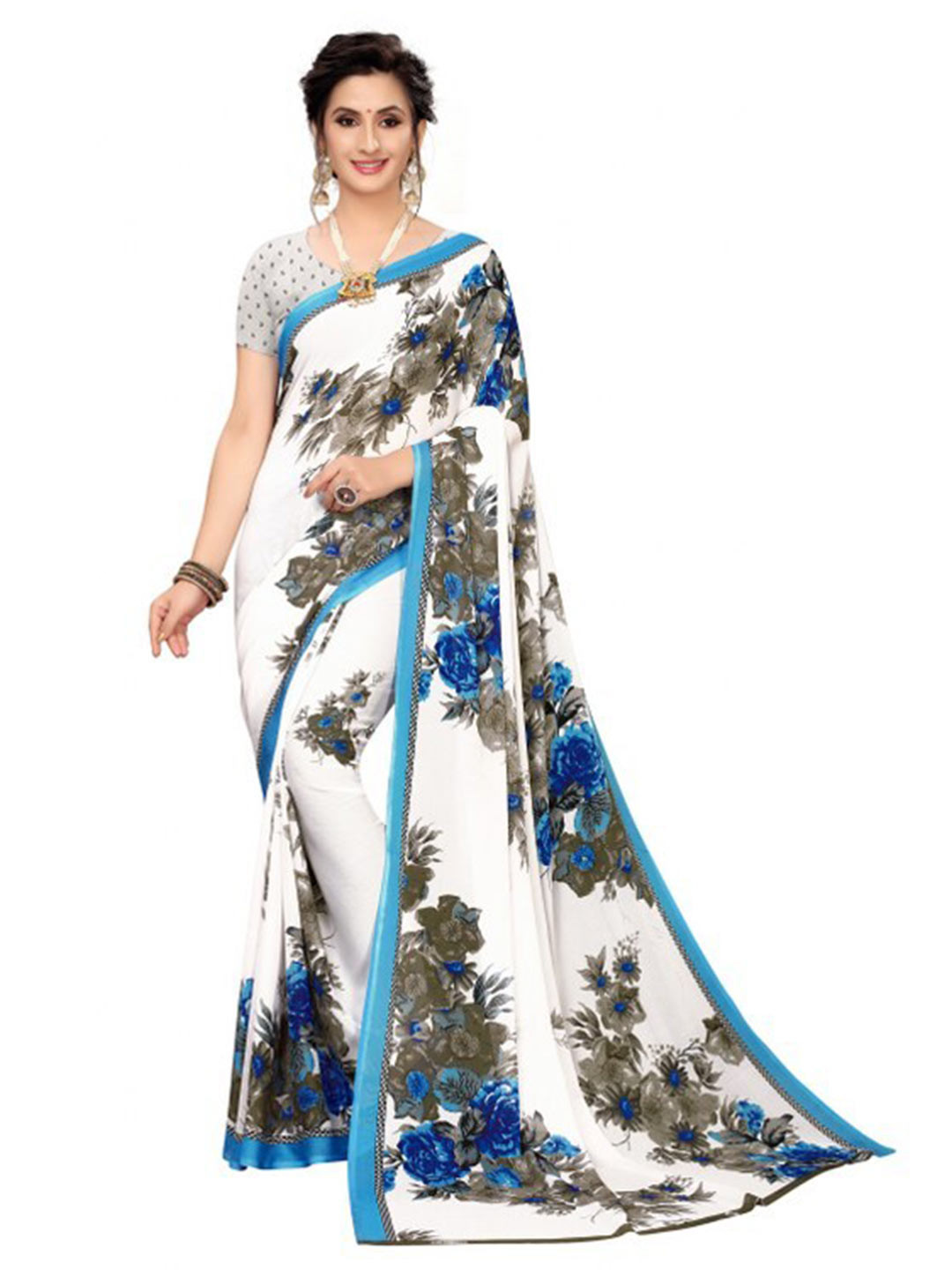 KALINI White & Blue Floral Pure Georgette Saree