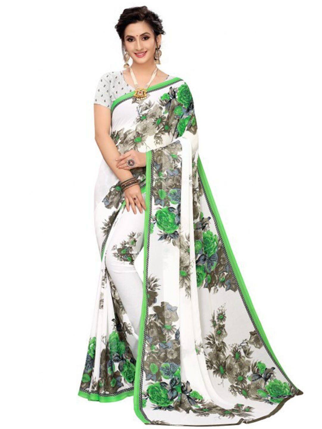 KALINI Green & White Floral Printed Pure Georgette Saree