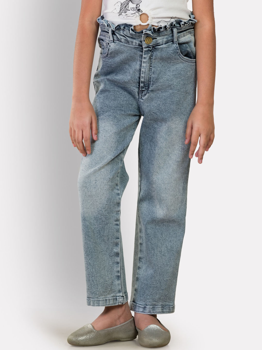 Growing Tree Girls Blue Straight Fit Heavy Fade Stretchable Jeans