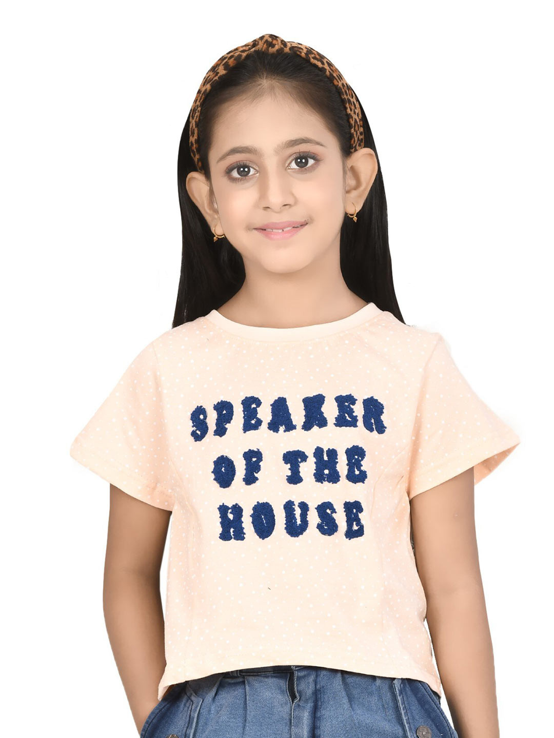 Growing Tree Girls Peach-Coloured Print Pure Cotton Boxy Top