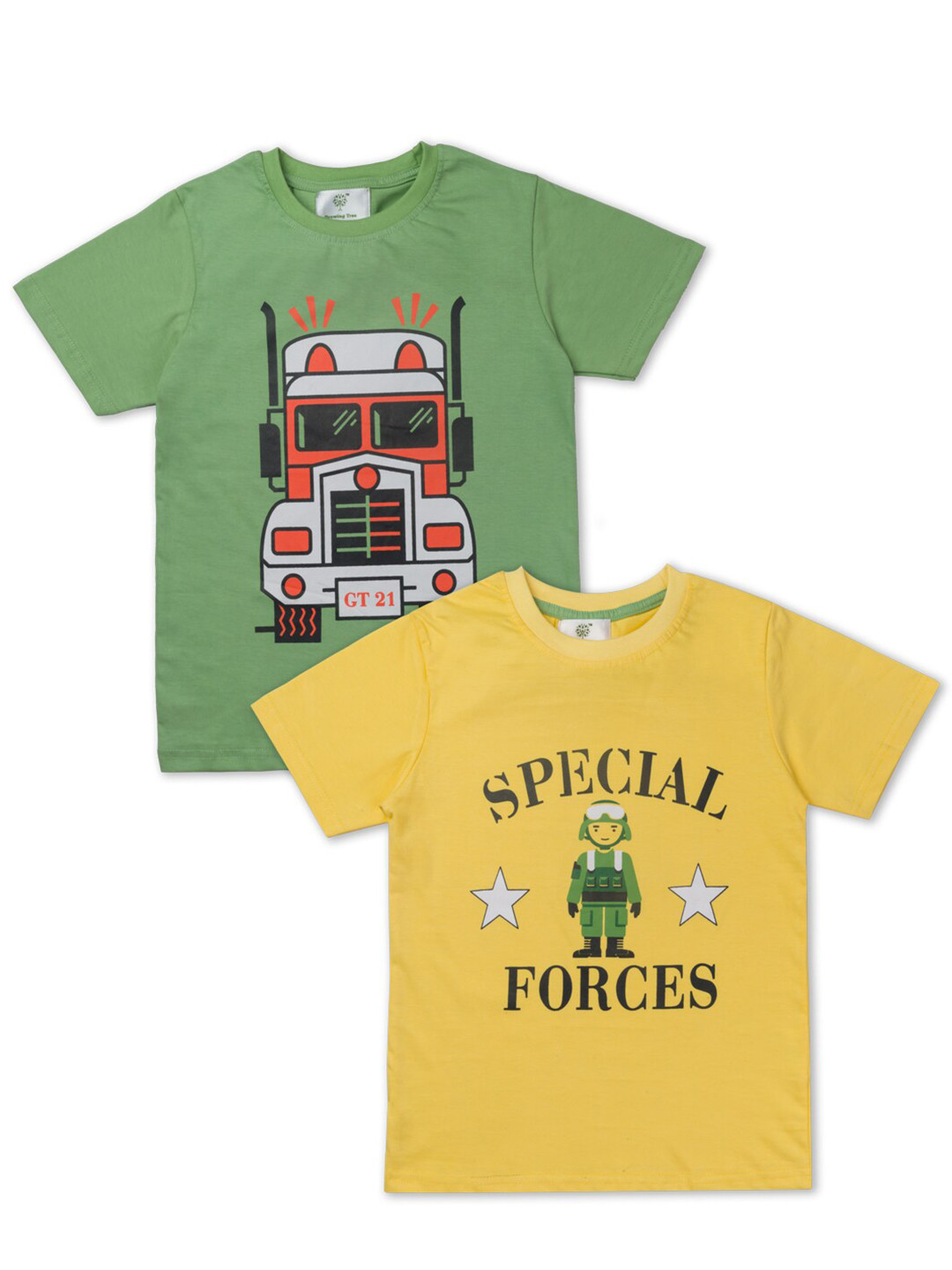 Growing Tree Kids Pack of 2 Green & Yellow Printed T-shirts