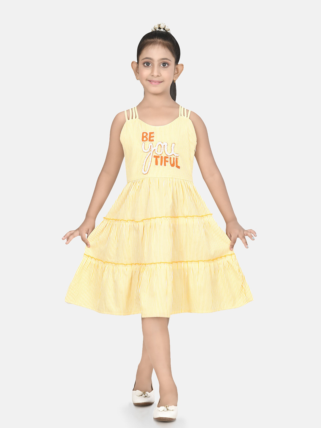 Growing Tree Girls Yellow Striped Embroidered A-Line Dress
