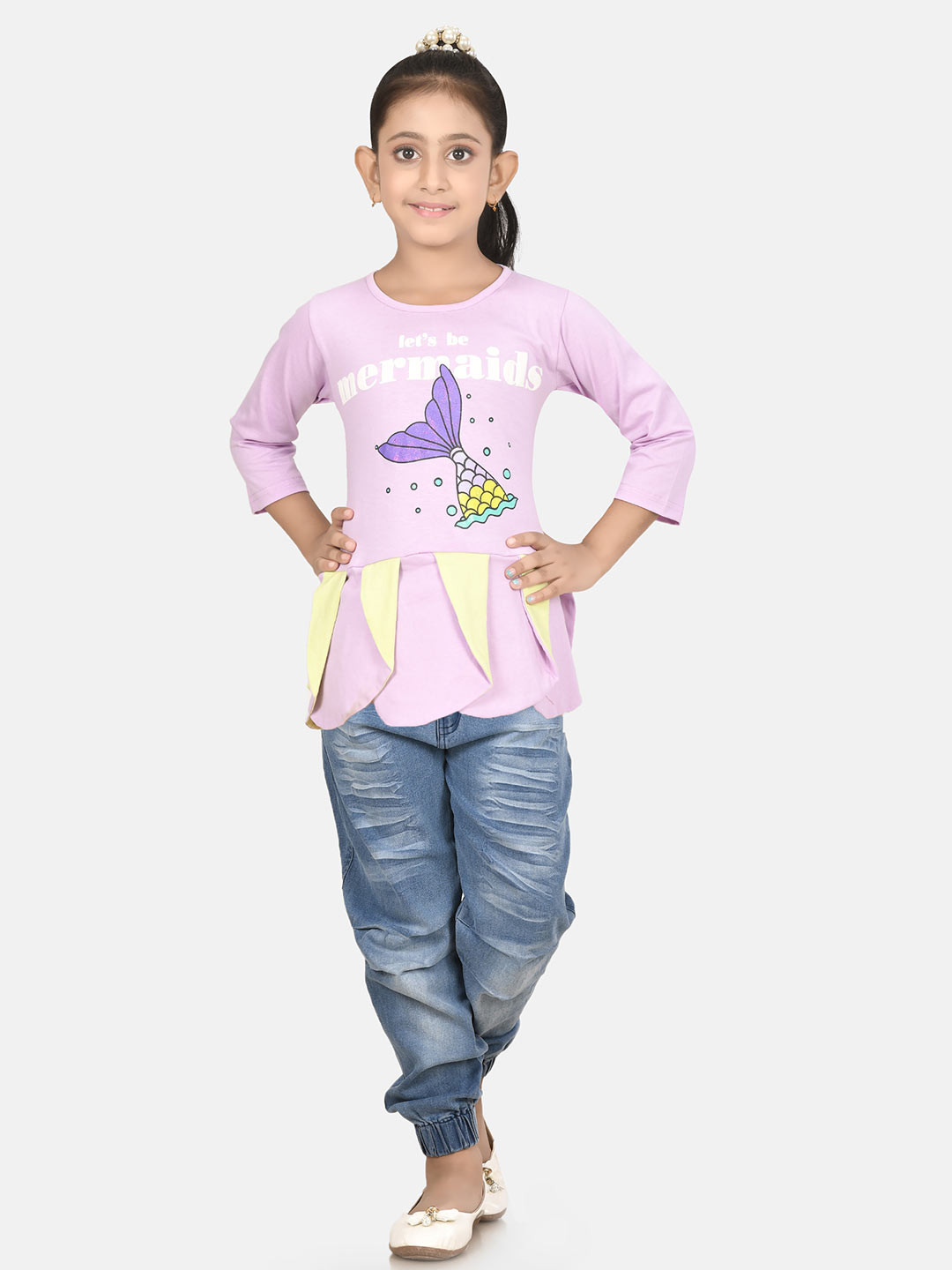 Growing Tree Purple & Blue Print Gathered & Pleated Pure Cotton Knitted Top