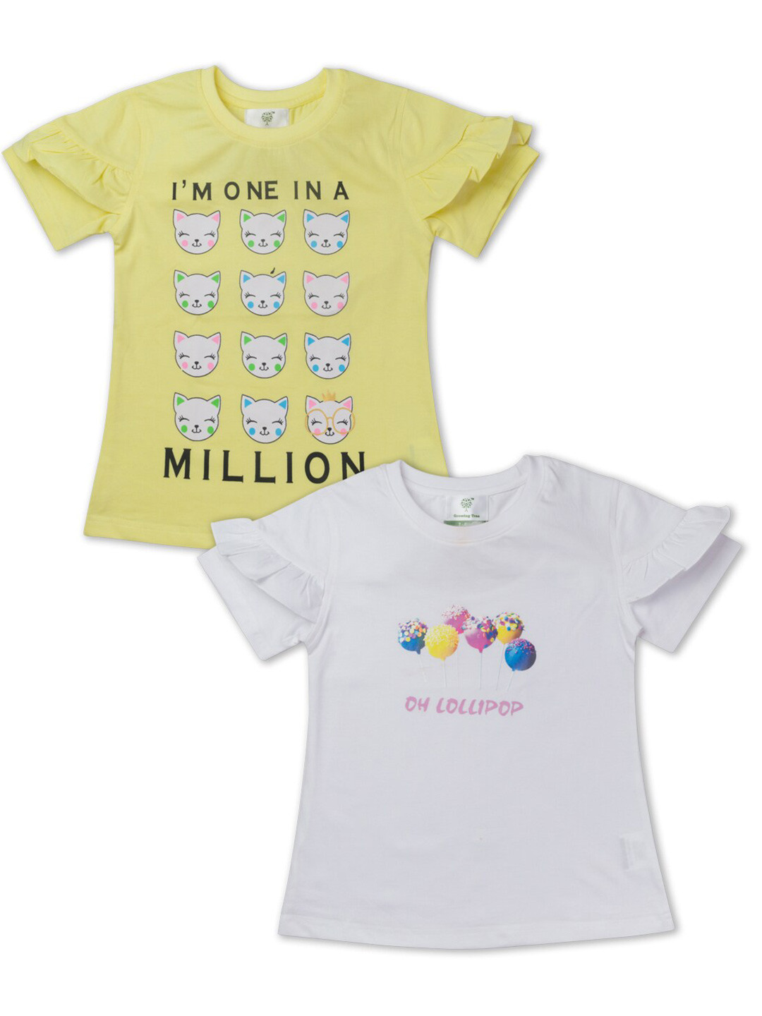 Growing Tree Pack of 2 Girls Yellow & White Print Ruffles Tops