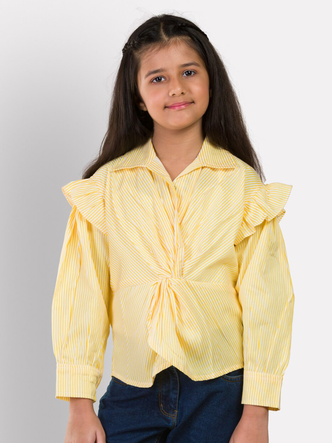 Growing Tree Yellow Twisted Pure Cotton Shirt Style Top