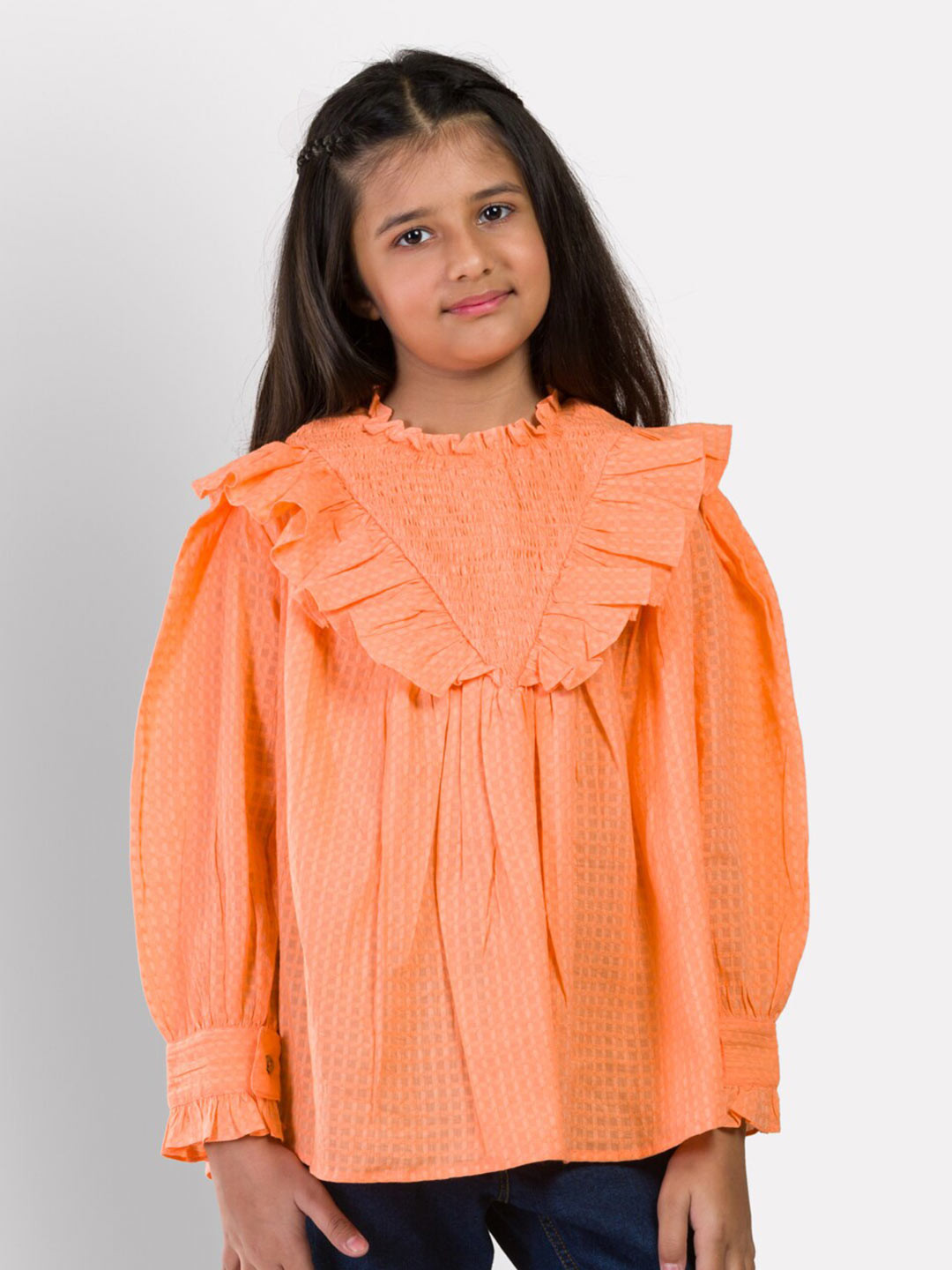 Growing Tree Girls Orange Cotton Full Sleeve Smocked With Ruffles Top