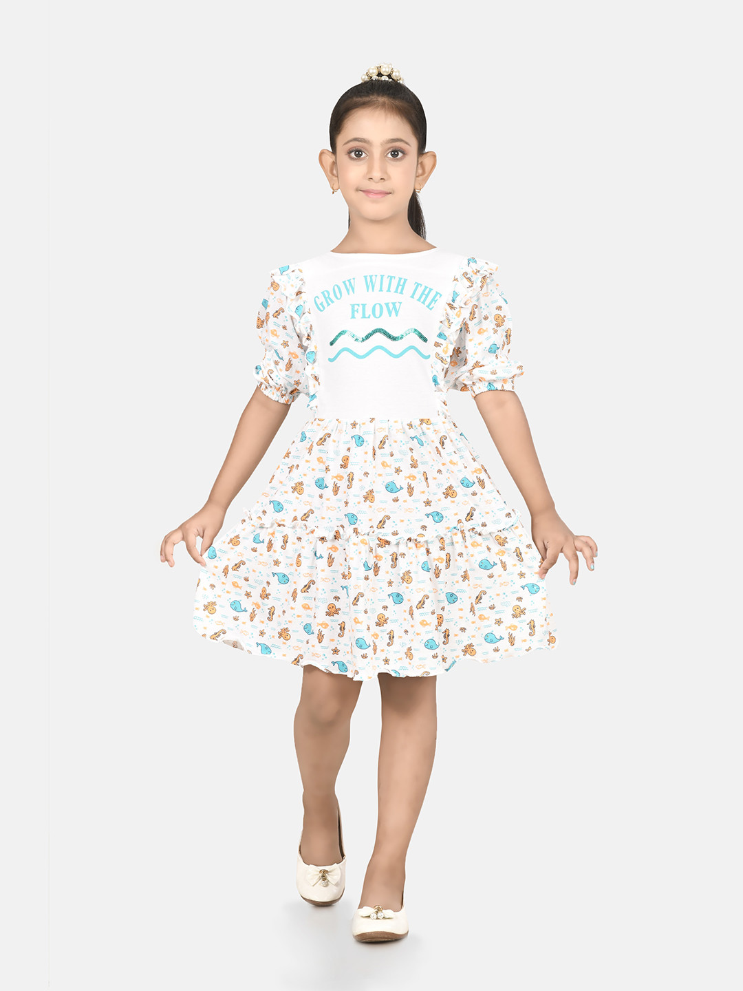 Growing Tree White & Blue Marine Theme Printed Fit & Flare Cotton Dress